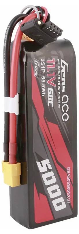 LiPo-Akku 5000 mAh, 11,1V, 60C, mit XT60-Stecker. Geeignet für Hochleistungsanwendungen. Schwarz-rote Hülle mit Markenschriftzug.