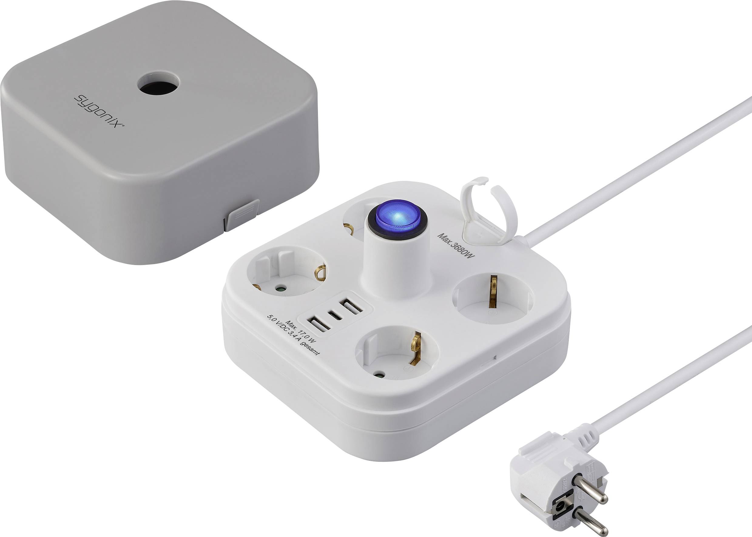 Mehrfachsteckdose mit Schalter, vier Steckplätzen, zwei USB-Ports und abnehmbarem Deckel. Verbindet Geräte sicher mit Stromquelle.