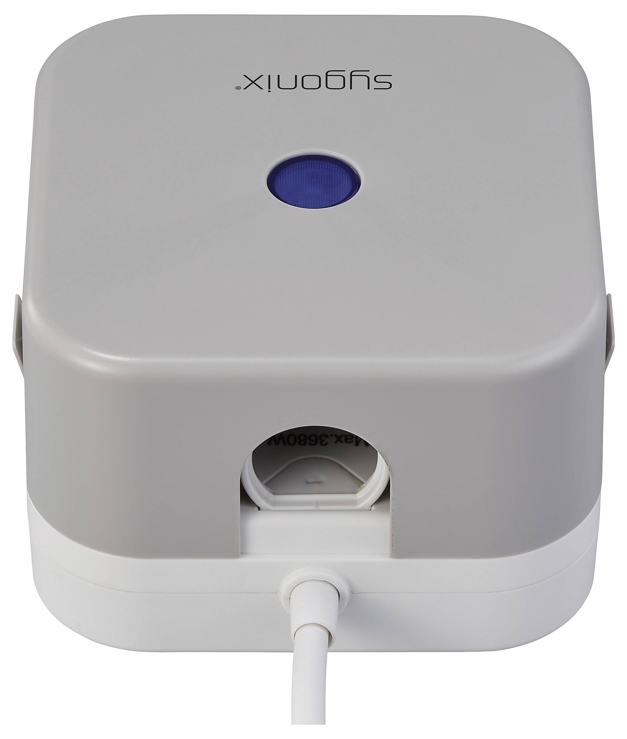 Ein graues elektrisches Gerät mit blauem Knopf und Kabelanschluss unten.