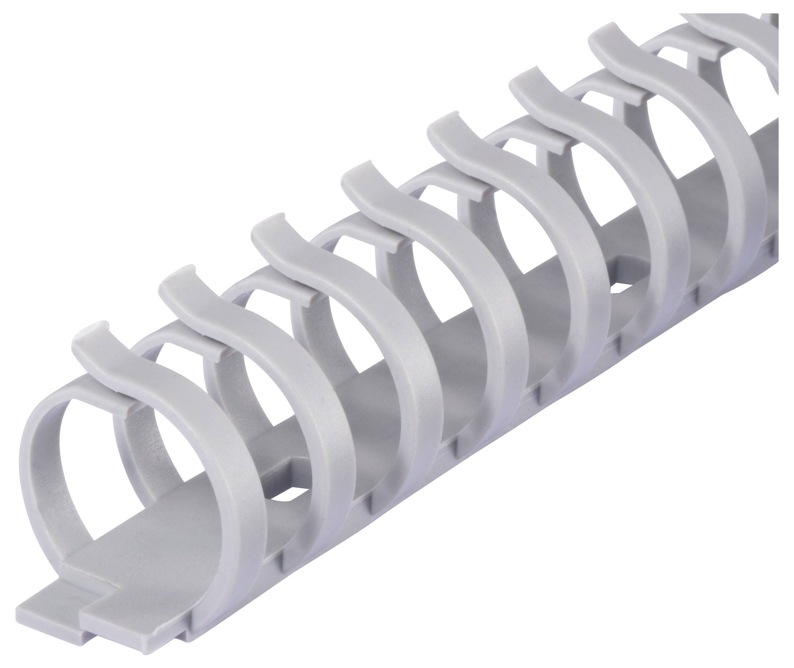 Graues Kunststoff-Kabelorganisierungszubehör mit mehreren runden Halterungen zur Bündelung und Führung von Kabeln in einer Linie.