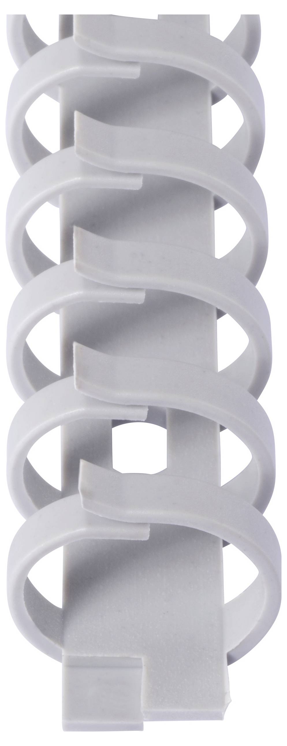 Ein grauer Kabelkanal mit mehreren geschlossenen Ringen, die Kabel ordnen oder stützen können.