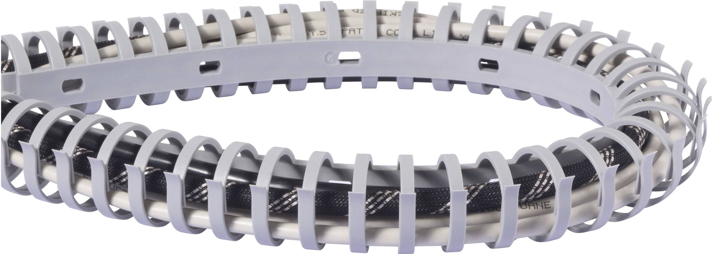 Ein silberner Kabelschutz aus flexiblem Material, in Spiralform gehalten. Geeignet zur Bündelung und Organisation von Kabeln.