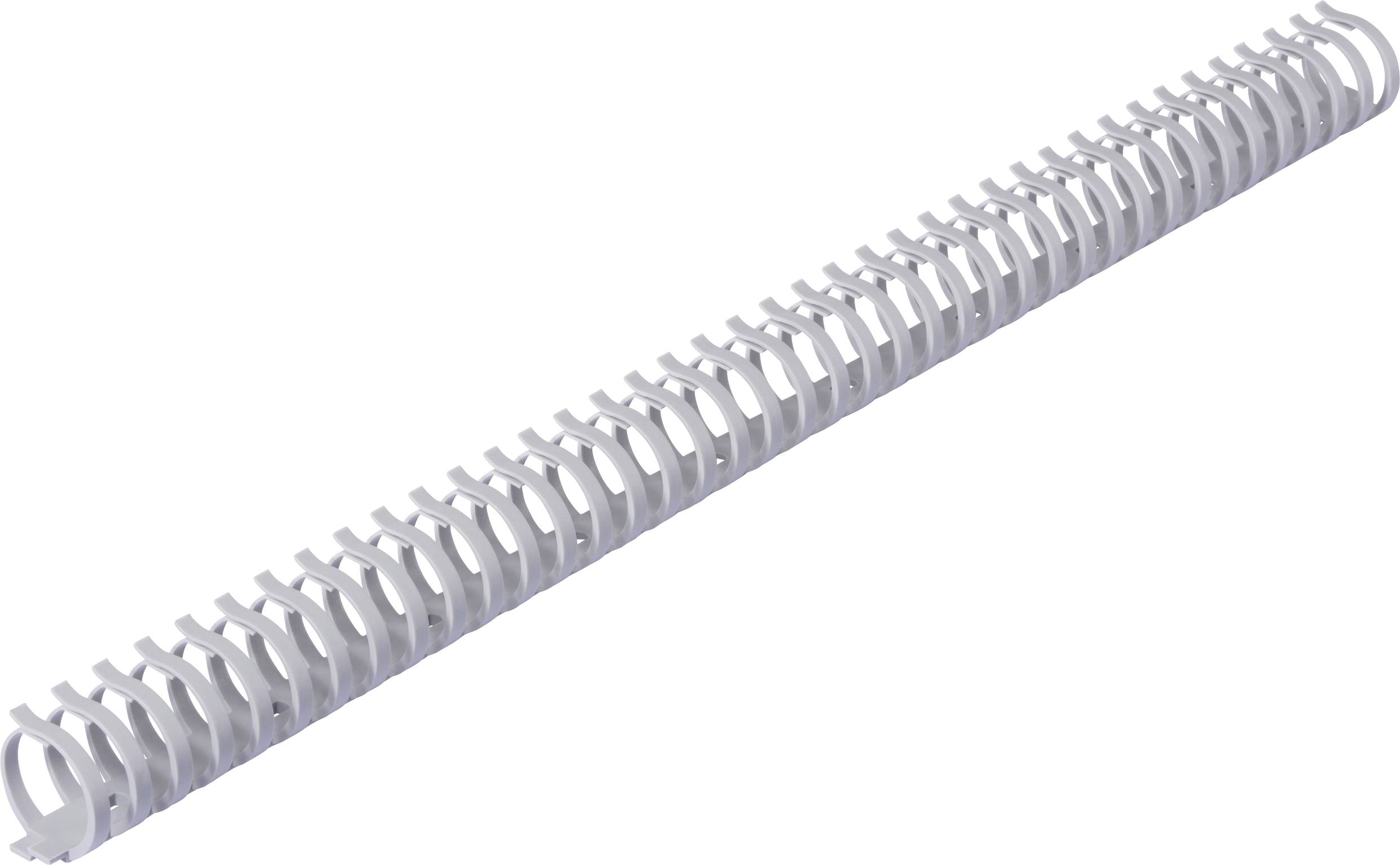 Ein weißer Plastikbindekamm, horizontal ausgerichtet, verwendet zum Binden von Papierdokumenten.