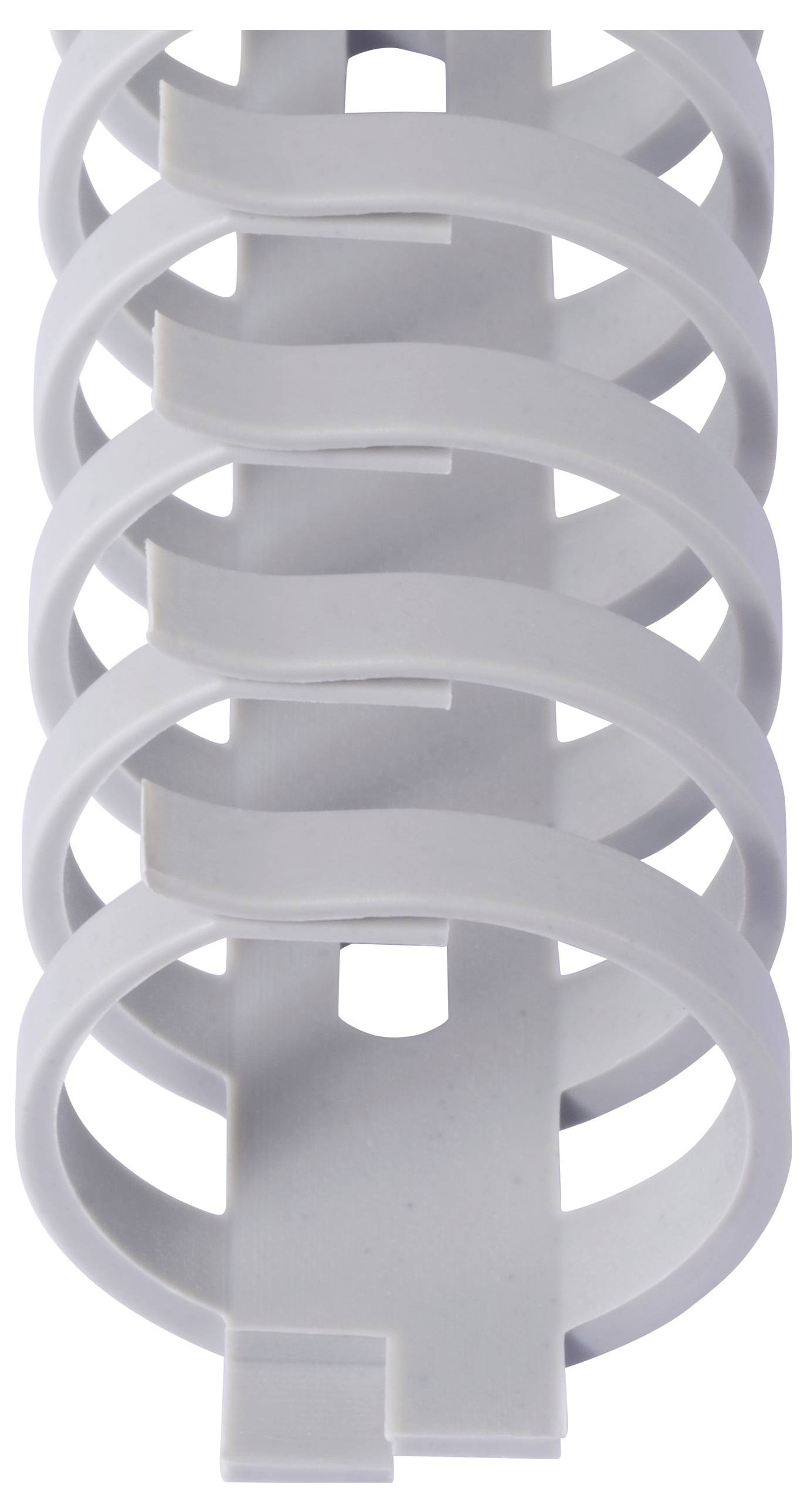 Eine vertikale Reihe grauer Plastikringe, die miteinander verbunden sind und eine spiralartige Struktur bilden.