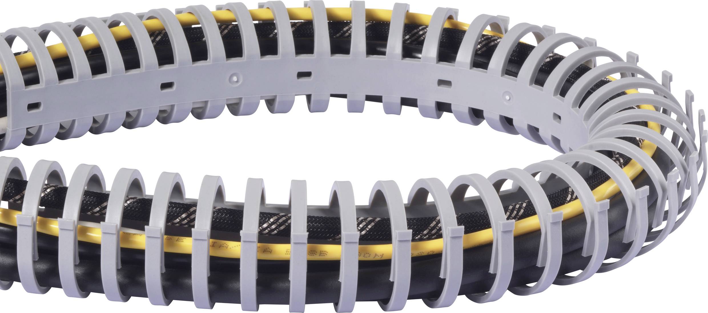 Ein flexibler Kabelschutz, kreisförmig angeordnet, mit grauem Gehäuse und schwarzen Kabeln innen. Ideal für Maschinenbauanwendungen.