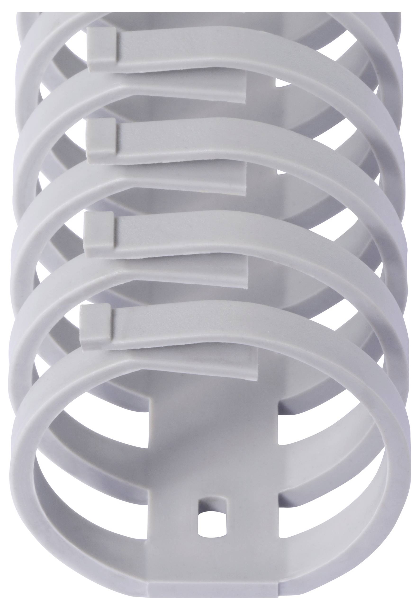 Eine Reihe von grauen, ineinander greifenden Kunststoffringen, die vertikal gestapelt sind.