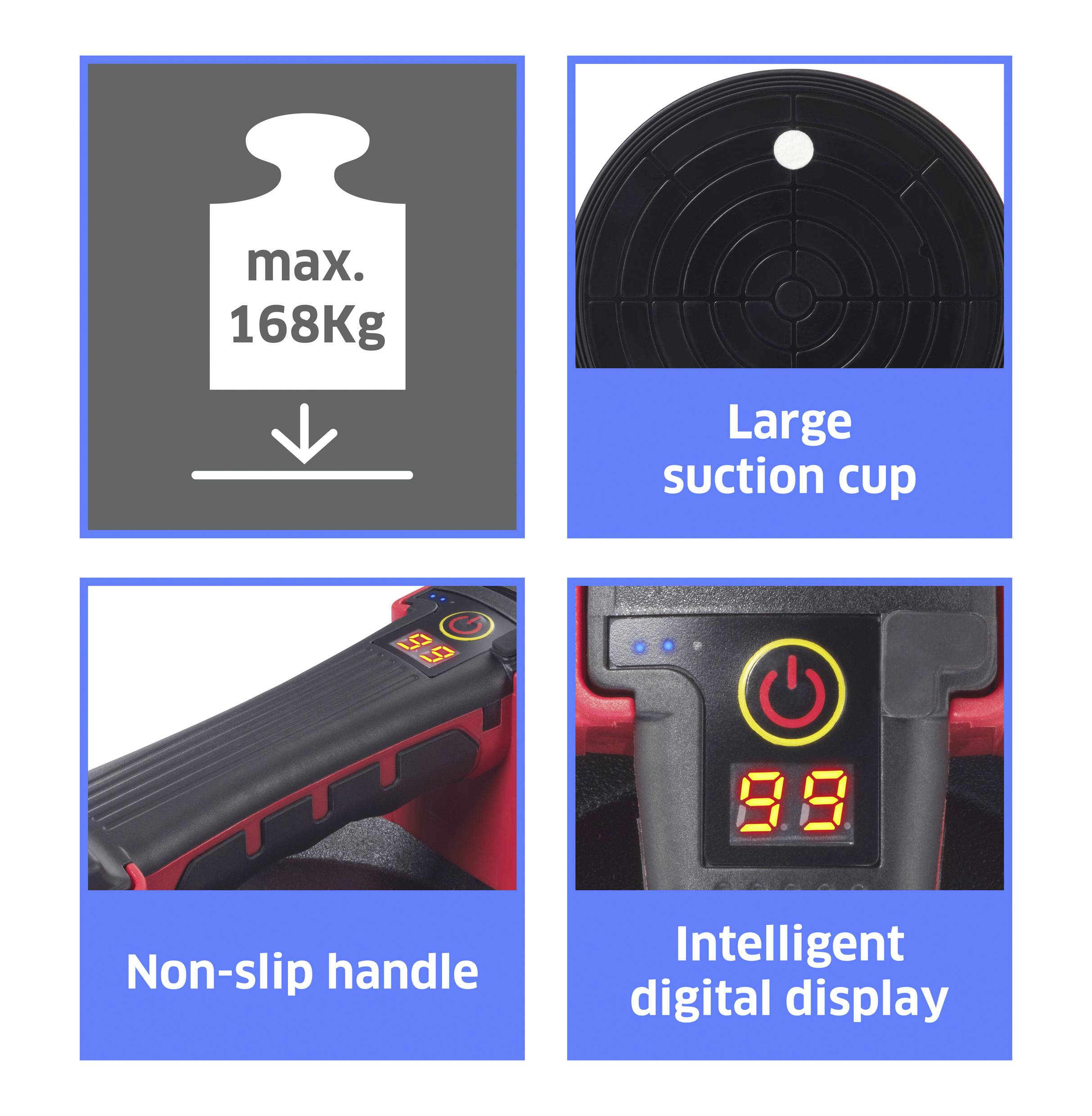Vakuumheber: max. 168 kg Tragkraft, große Saugscheibe, rutschfester Griff, intelligentes Digitaldisplay mit Ein/Aus-Taste.