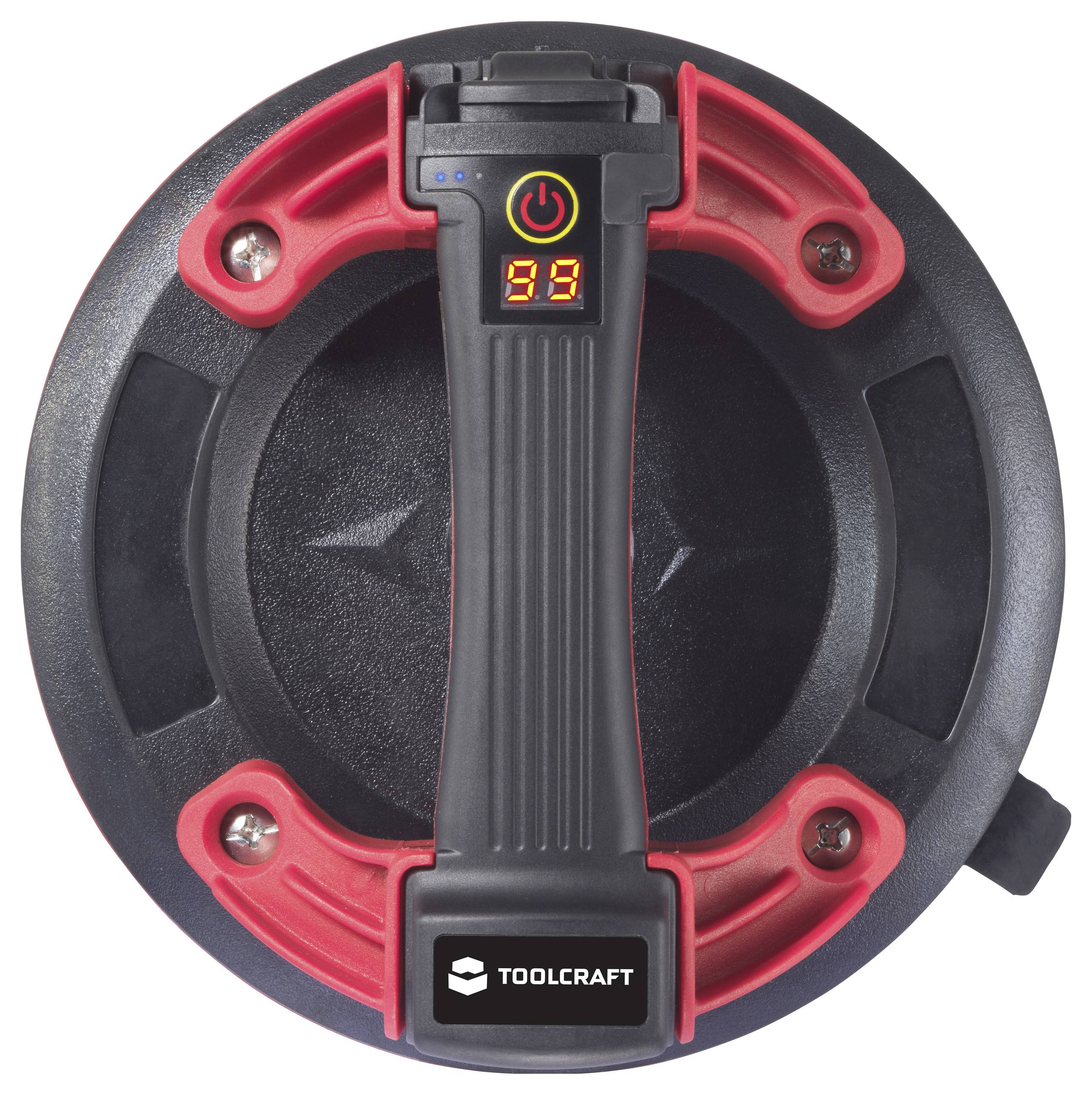 Deckel einer Trommel mit digitaler Anzeige von 99, roten Griffen und 'TOOLCRAFT'-Logo.