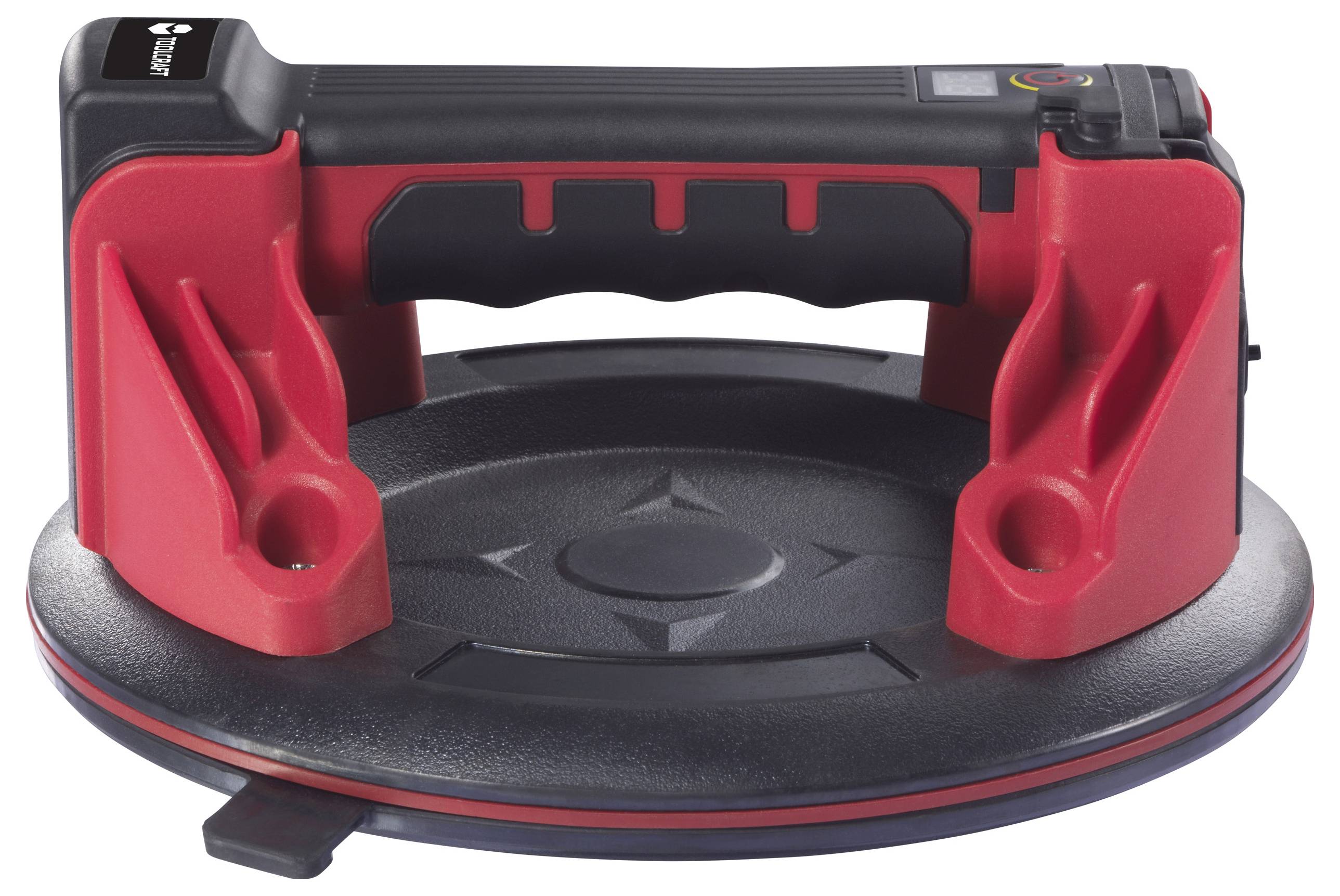 Ein roter und schwarzer Vakuum-Saugheber mit ergonomischem Griff, verwendet für das Anheben von Glas oder glatten Oberflächen.