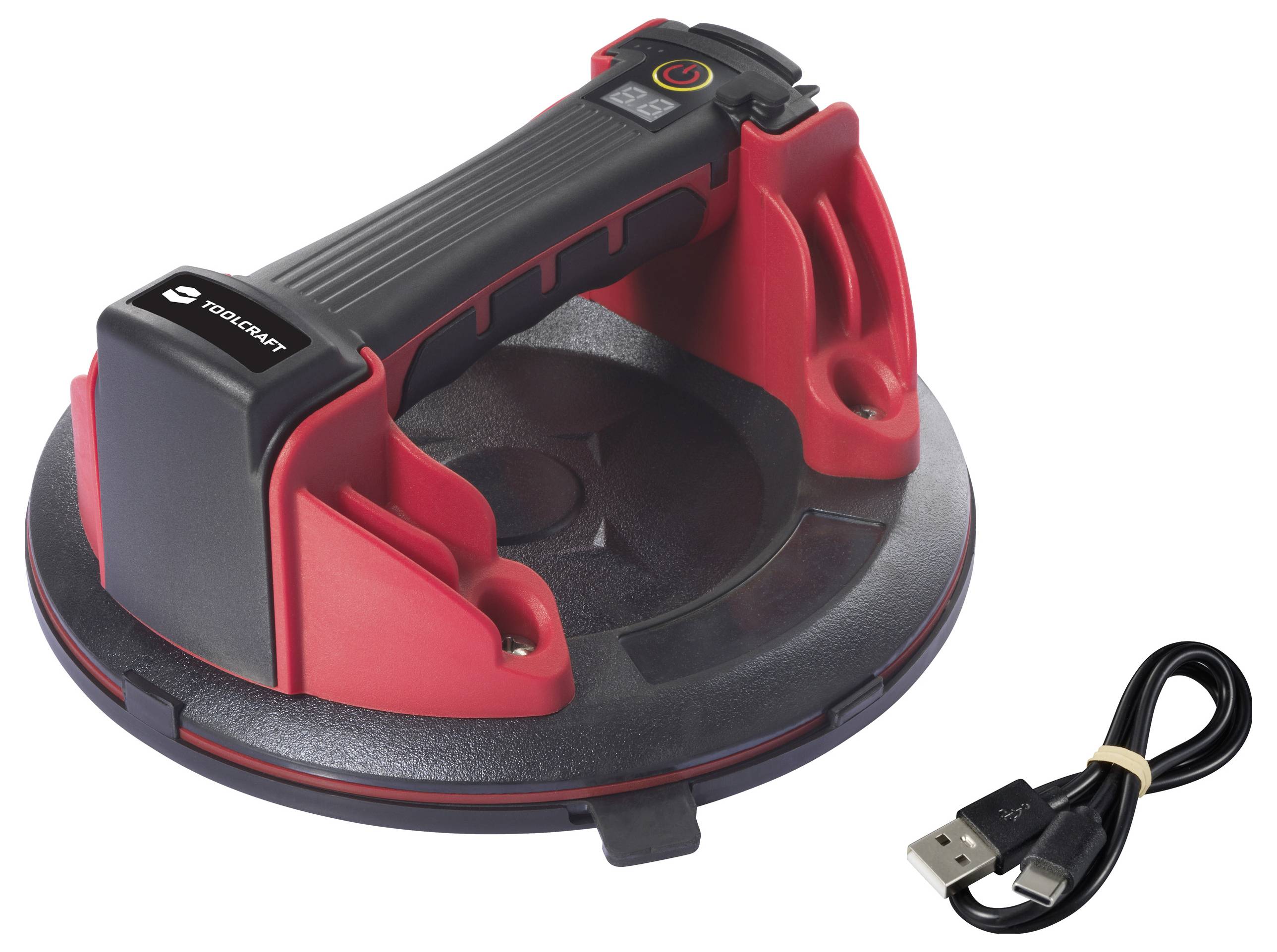 Wiederaufladbarer, kabelloser Saugnapfheber in schwarzem und rotem Design, daneben ein USB-Ladekabel. Ideal zum Anheben von Glas.
