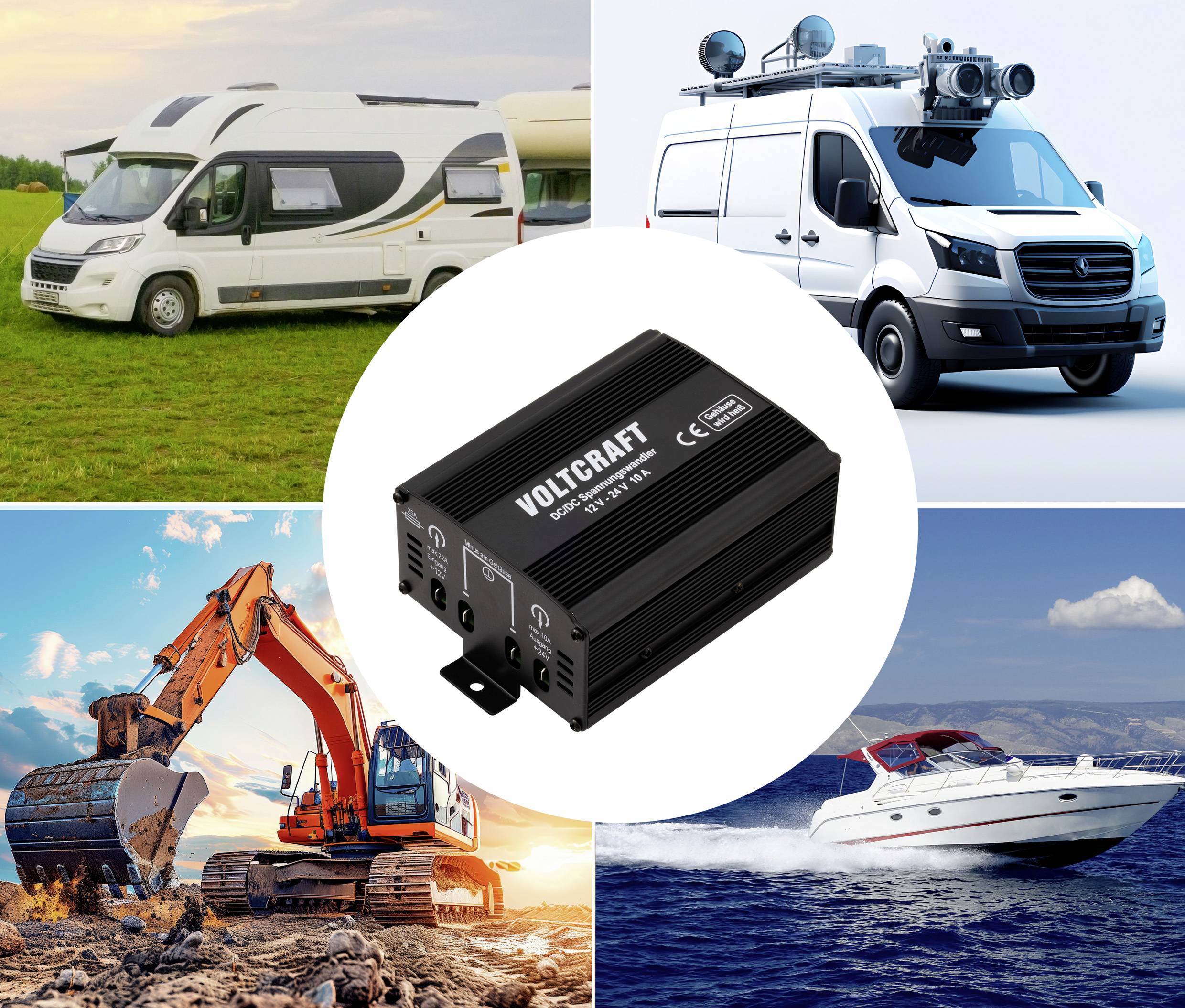Zentraler 'Voltcraft' Spannungswandler. Im Hintergrund Wohnmobil, High-Tech-Van, Bagger und Speedboot, was die Vielseitigkeit unterstreicht.