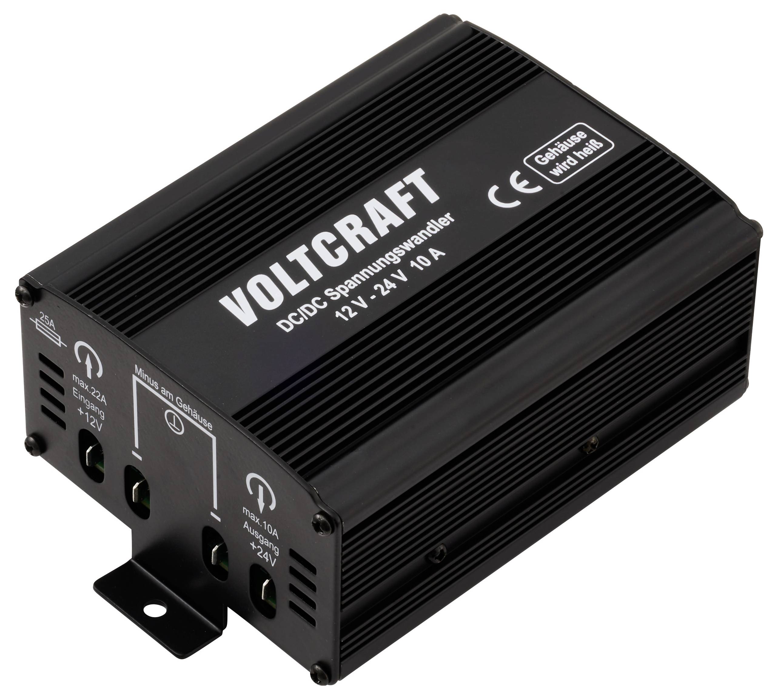 Voltcraft DC/DC-Spannungswandler 12V-24V 10A gezeigt, mit Anschluss-Symbolen gekennzeichnet, in einem schwarzen, gerippten Metallgehäuse untergebracht.