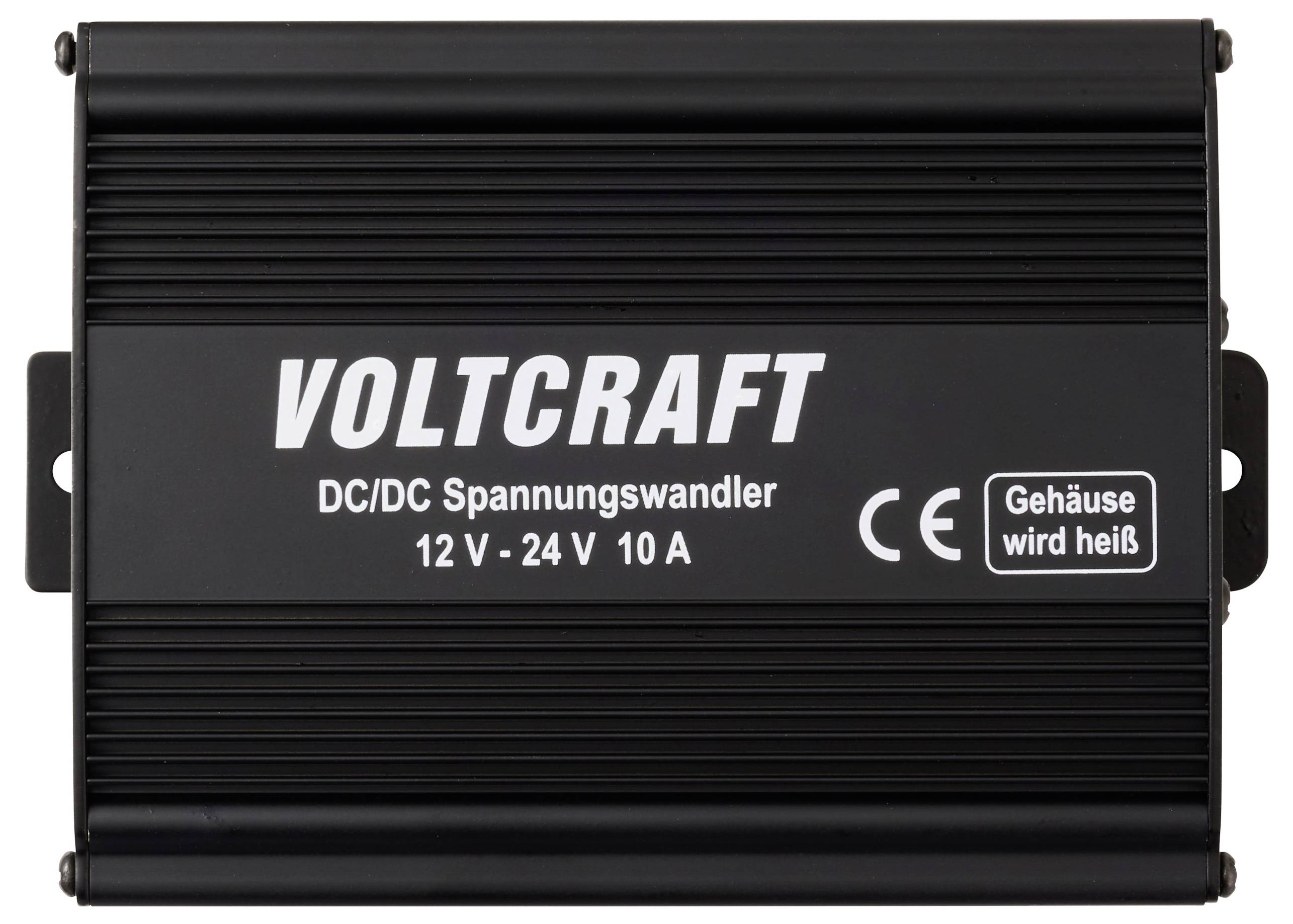 Schwarzer VOLTCRAFT DC/DC-Wandler, 12 V-24 V 10 A, Warnung 'Gehäuse wird heiß', CE-Zertifizierung.