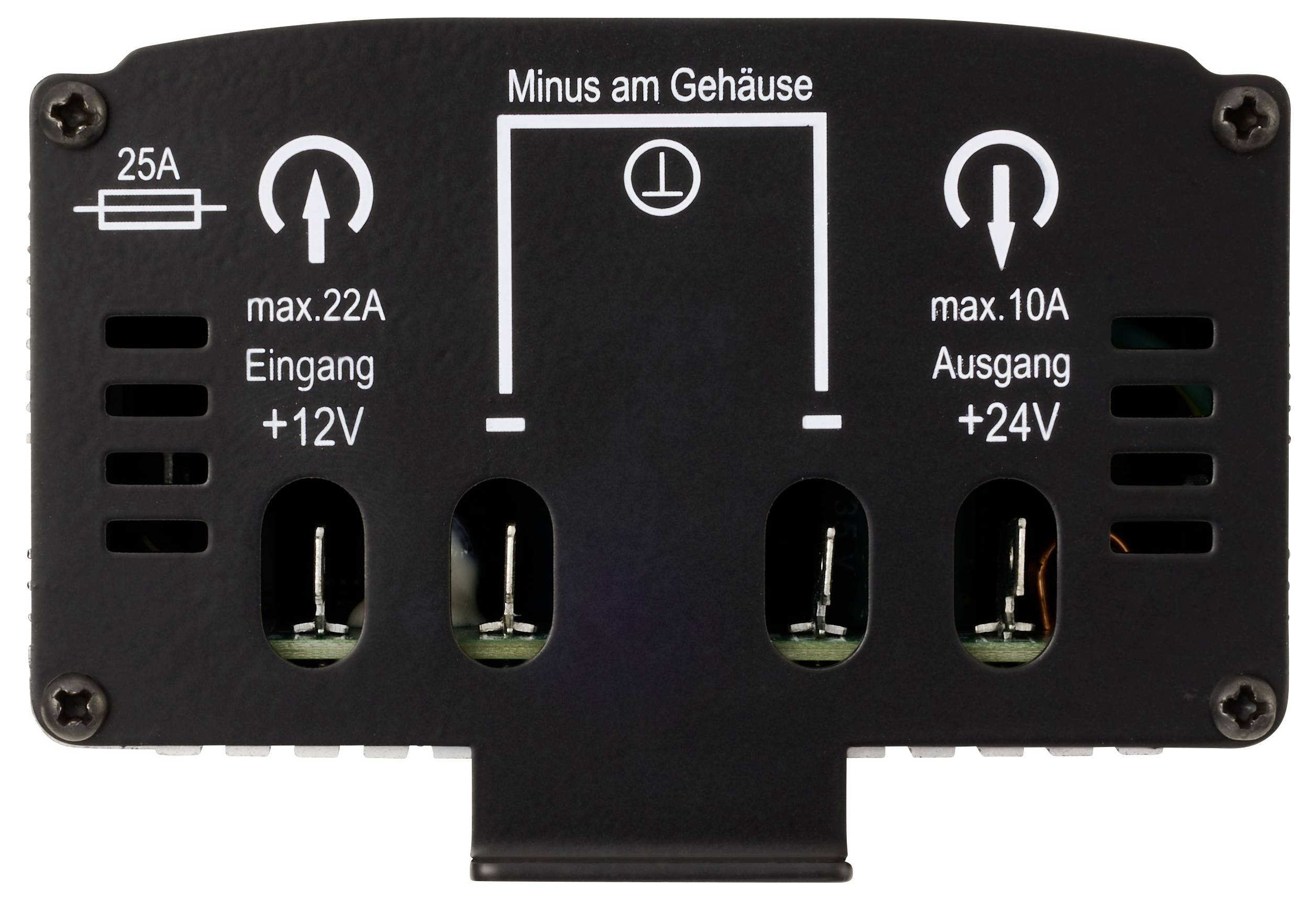 Elektrisches Gerät mit Beschriftungen: 25A Eingangsstrom, max 22A Eingangsstrom bei +12V, max 10A Ausgangsstrom bei +24V, Minus am Gehäuse (Massesymbol).