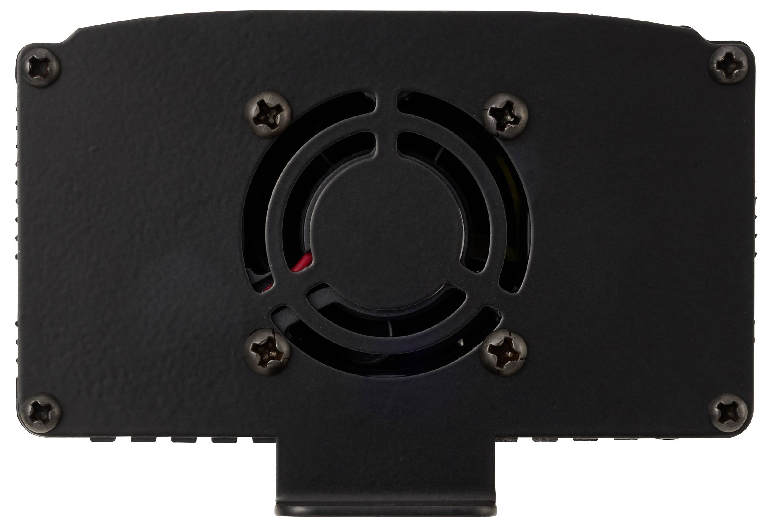 Schwarzes elektronisches Gerät mit einem kreisförmigen Lüftungsschlitz und vier Befestigungsschrauben.