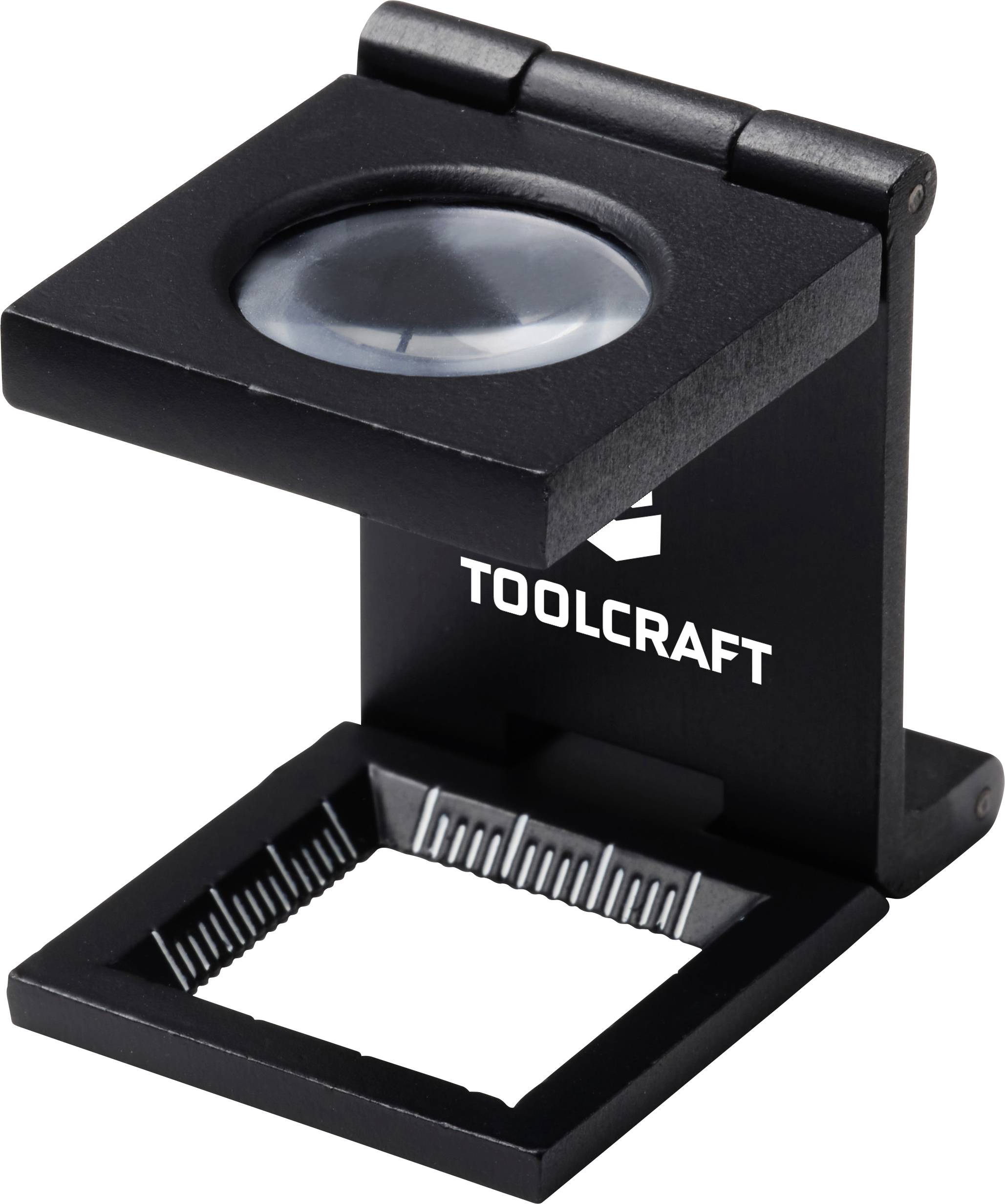 Eine schwarze faltbare Messlupe mit dem Logo „TOOLCRAFT