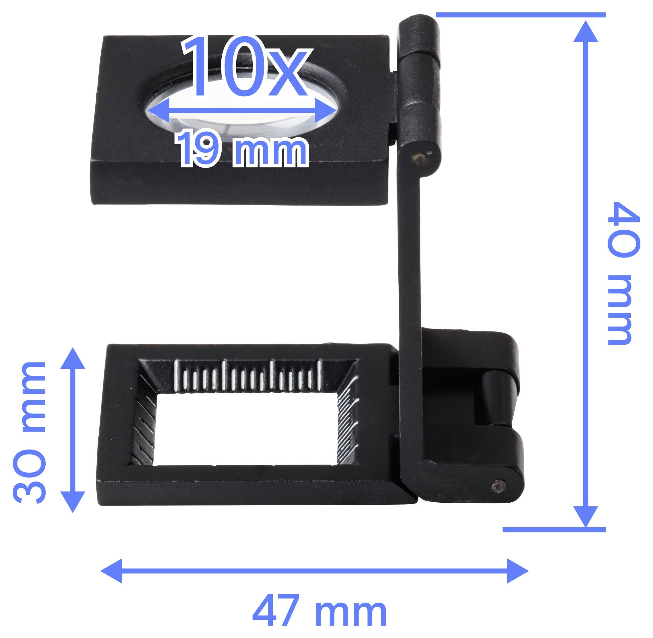 Eine schwarze Leinentester-Lupe mit den Abmessungen: 47 mm Breite, 40 mm Höhe und 30 mm Tiefe. Sie verfügt über 