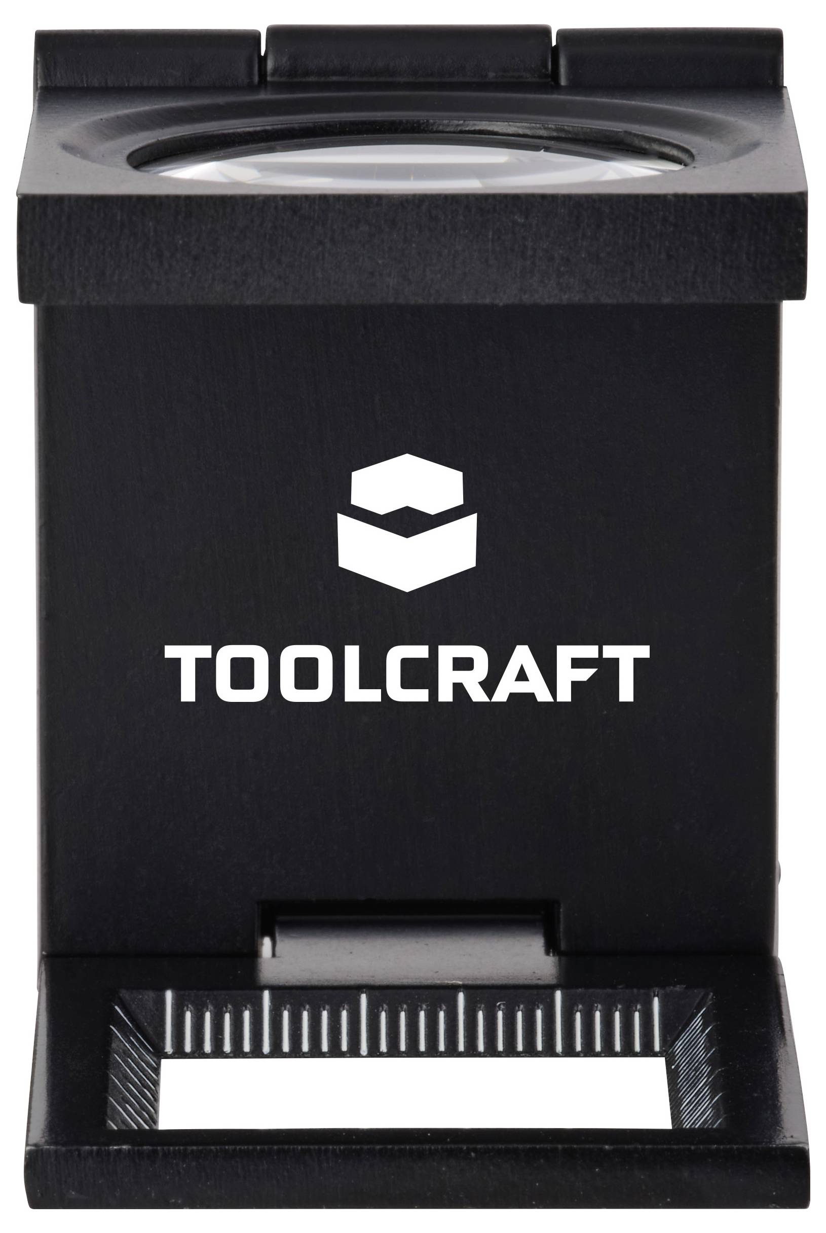 Eine Lupe der Marke 'TOOLCRAFT', entwickelt für detaillierte Untersuchungen oder Inspektionen und mit einem kleinen Lineal an der Basis ausgestattet.