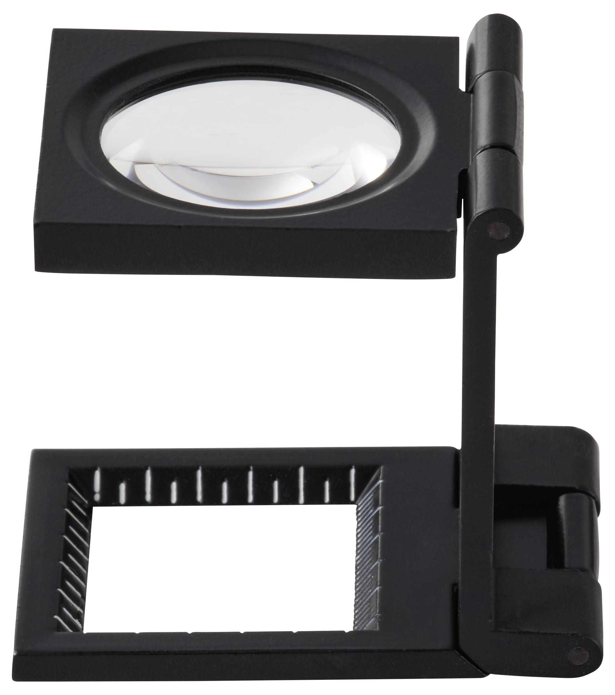 Klappbare Lupe mit quadratischer Basis und runder Linse, verwendet zum genauen Betrachten kleinster Details.