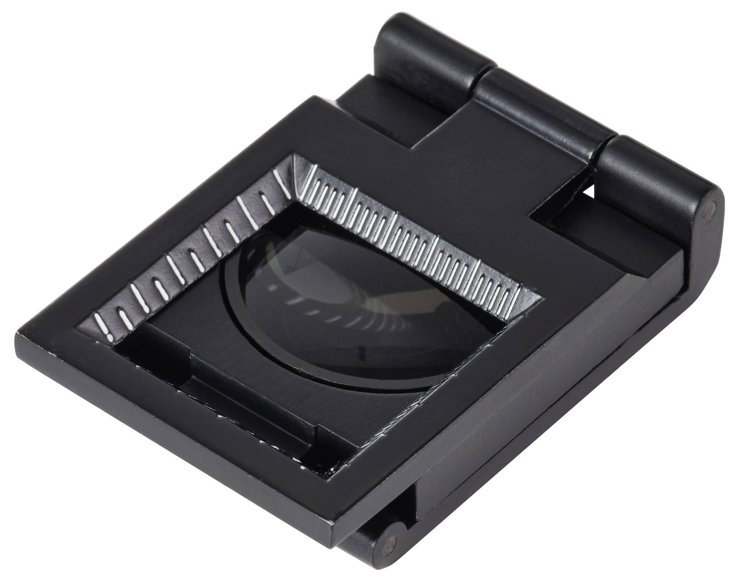 Eine schwarze Klapp-Lupe zur detaillierten Untersuchung kleiner Objekte, ausgestattet mit einer Scharniervorrichtung und einer quadratischen Basis mit einer klaren Linse in der Mitte.