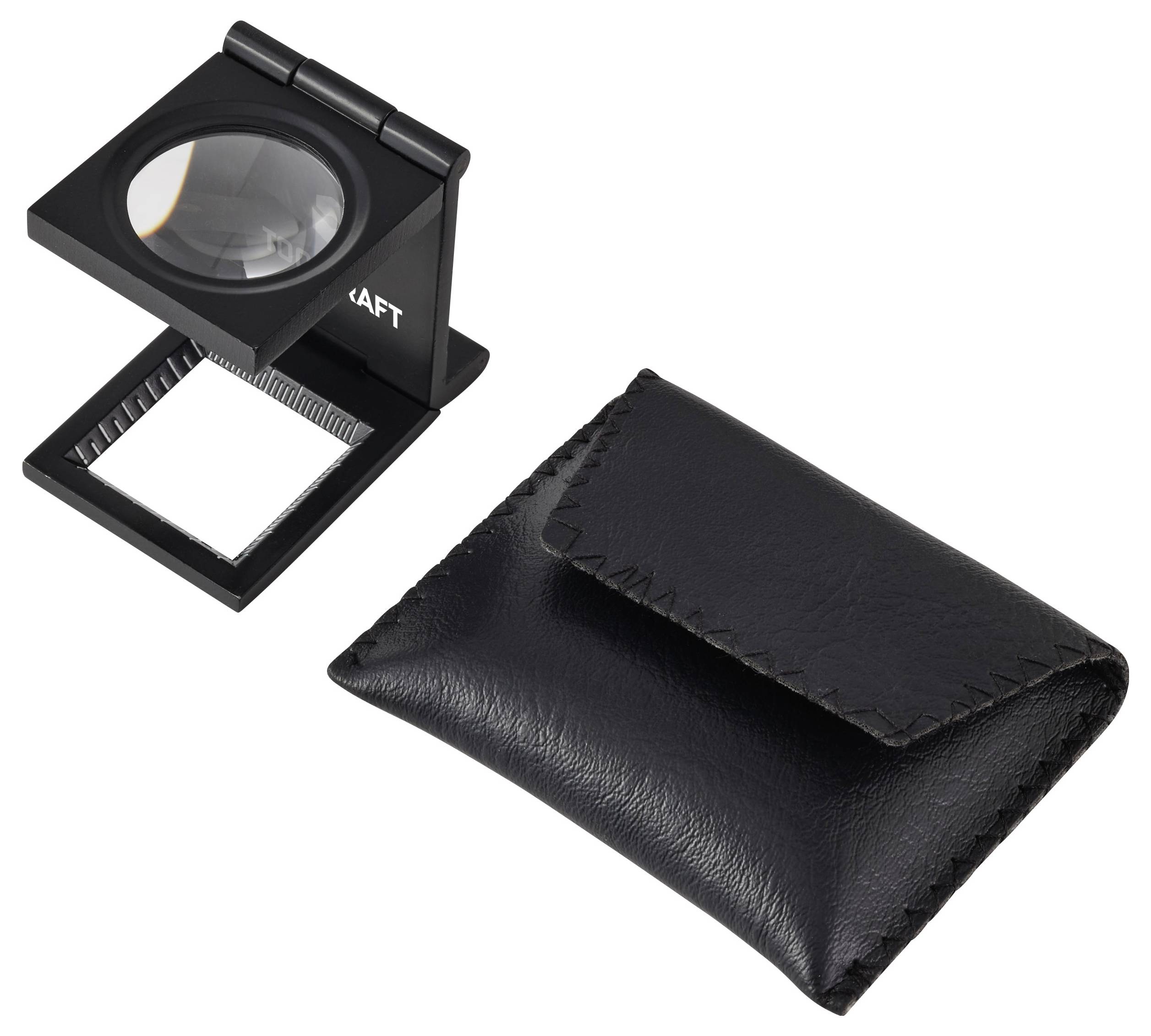 Eine Lupe mit Klappfunktion und quadratischer Grundfläche, versehen mit einer schwarzen Ledertasche.