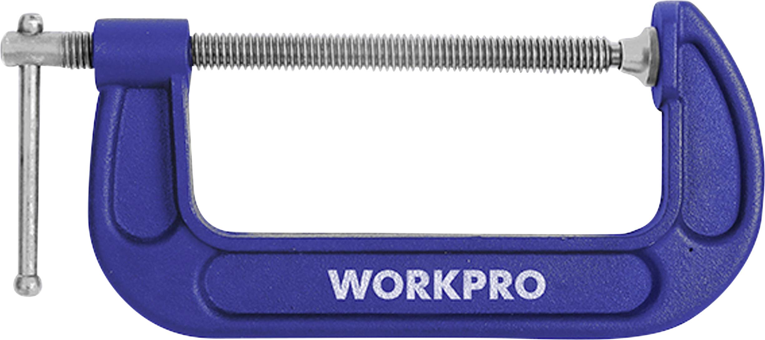 Ein blauer Metall-C-Schraubzwinge mit der Aufschrift 'WORKPRO'. Sie hat eine silberne Spindel zum Festschrauben.