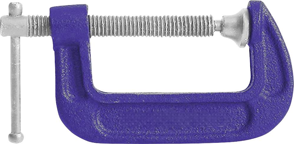 Eine blaue C-Klemme mit einem silbernen Schraubmechanismus, die verwendet wird, um Gegenstände bei Tischler- oder Metallarbeiten sicher zu fixieren.