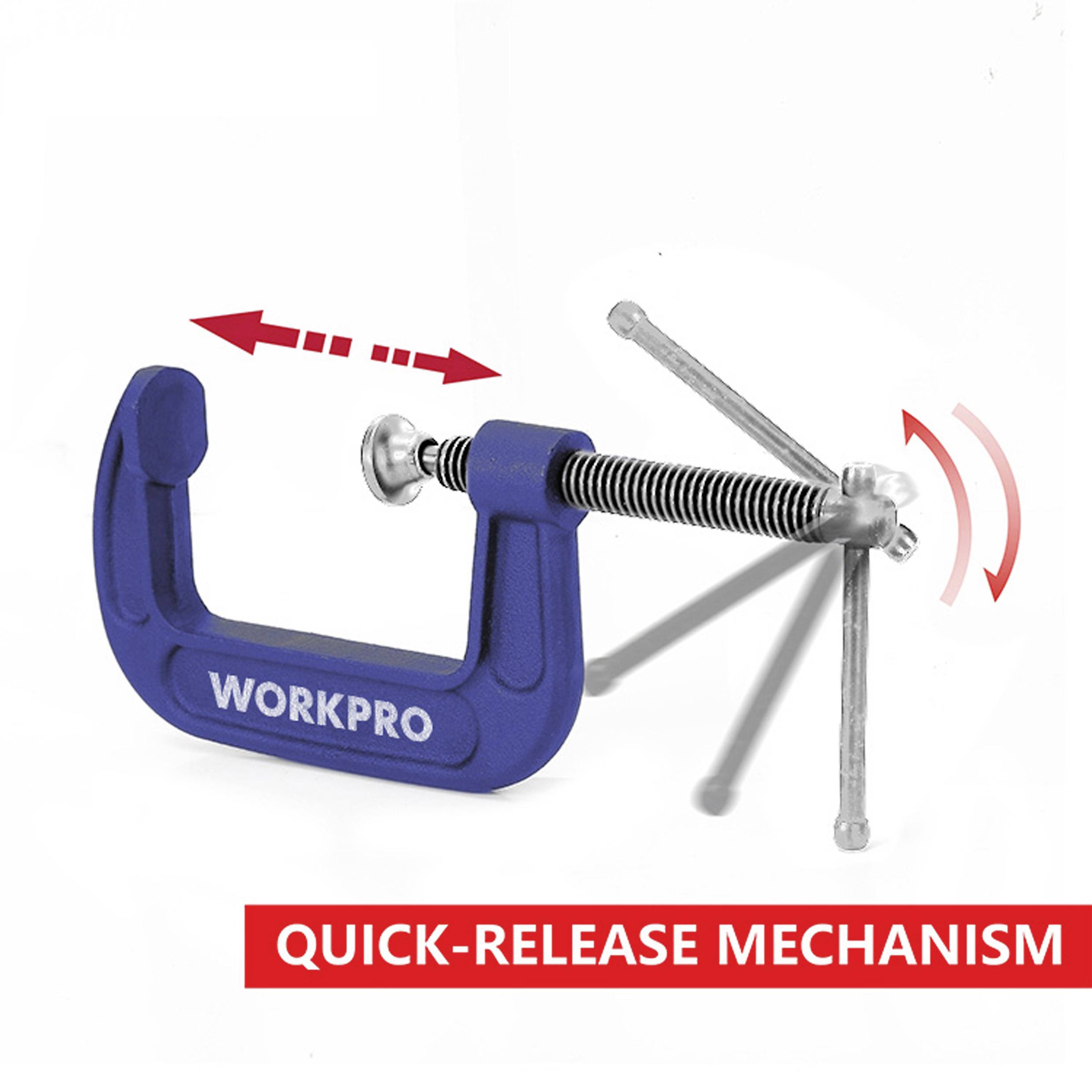 Eine blaue Schraubzwinge mit der Aufschrift 'WORKPRO', zeigt einen Schnellspannmechanismus. Pfeile weisen auf die Bewegungsrichtung hin.