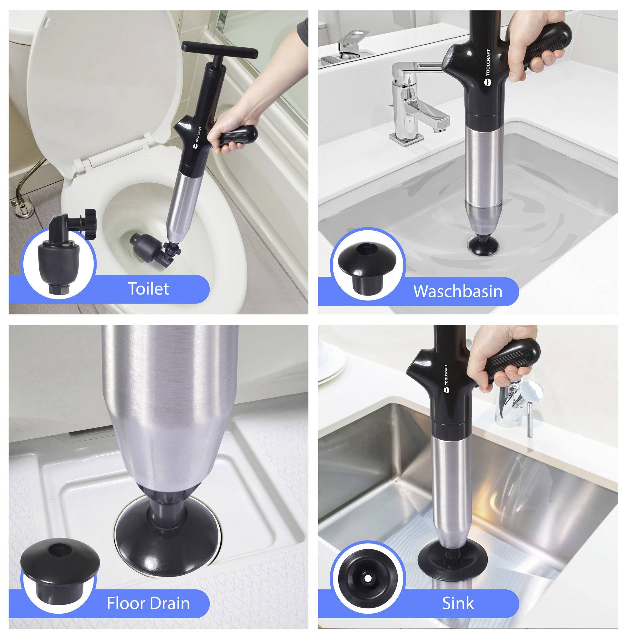 'Handbedienbarer Abflussreiniger' wird in vier Bildern gezeigt: Toilette, Waschbecken, Bodenabfluss und Spülbecken, jeweils mit näherer Ansicht des Dichtungsaufsatzes.