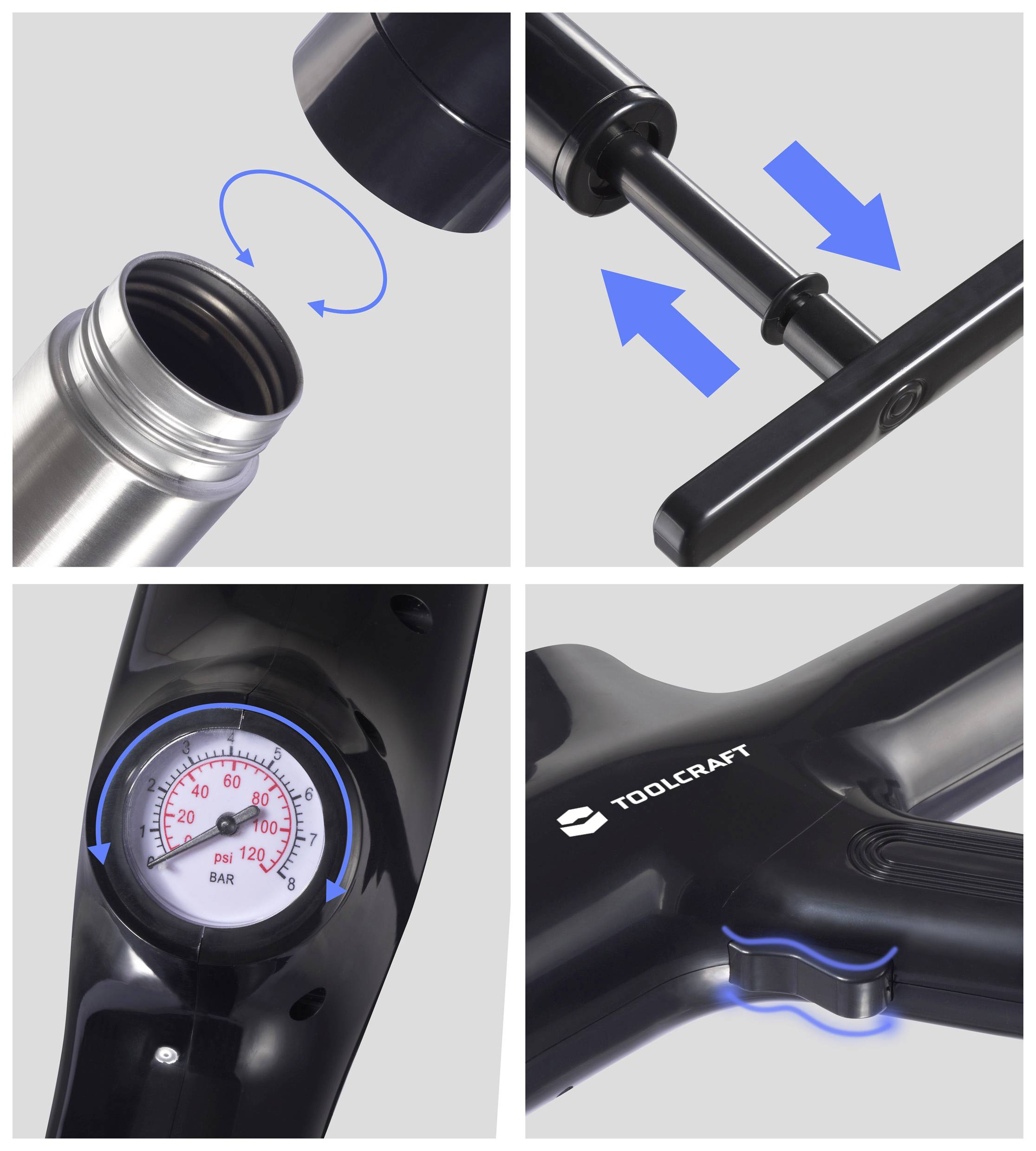 Vier Bilder eines tragbaren Kompressors: 1) Schraubverschluss öffnen. 2) Handgriff ziehen. 3) Druckanzeige bis 10 BAR. 4) Markenlogo TOOLCRAFT.