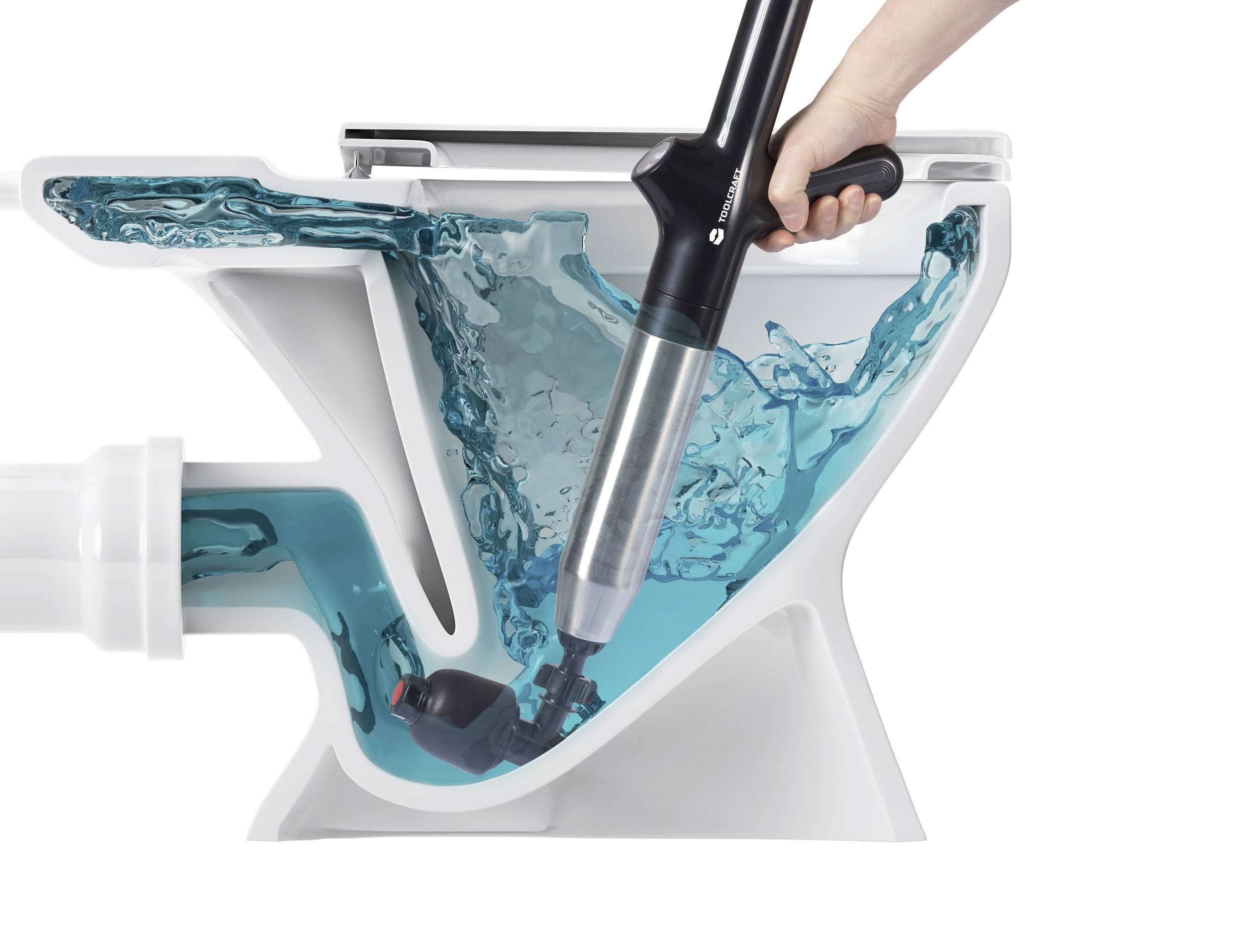 Schnittbild einer Toilette mit Wasserfluss; ein Gerät entfernt eine Verstopfung im Siphon. Eine Hand hält das Gerät stabil.