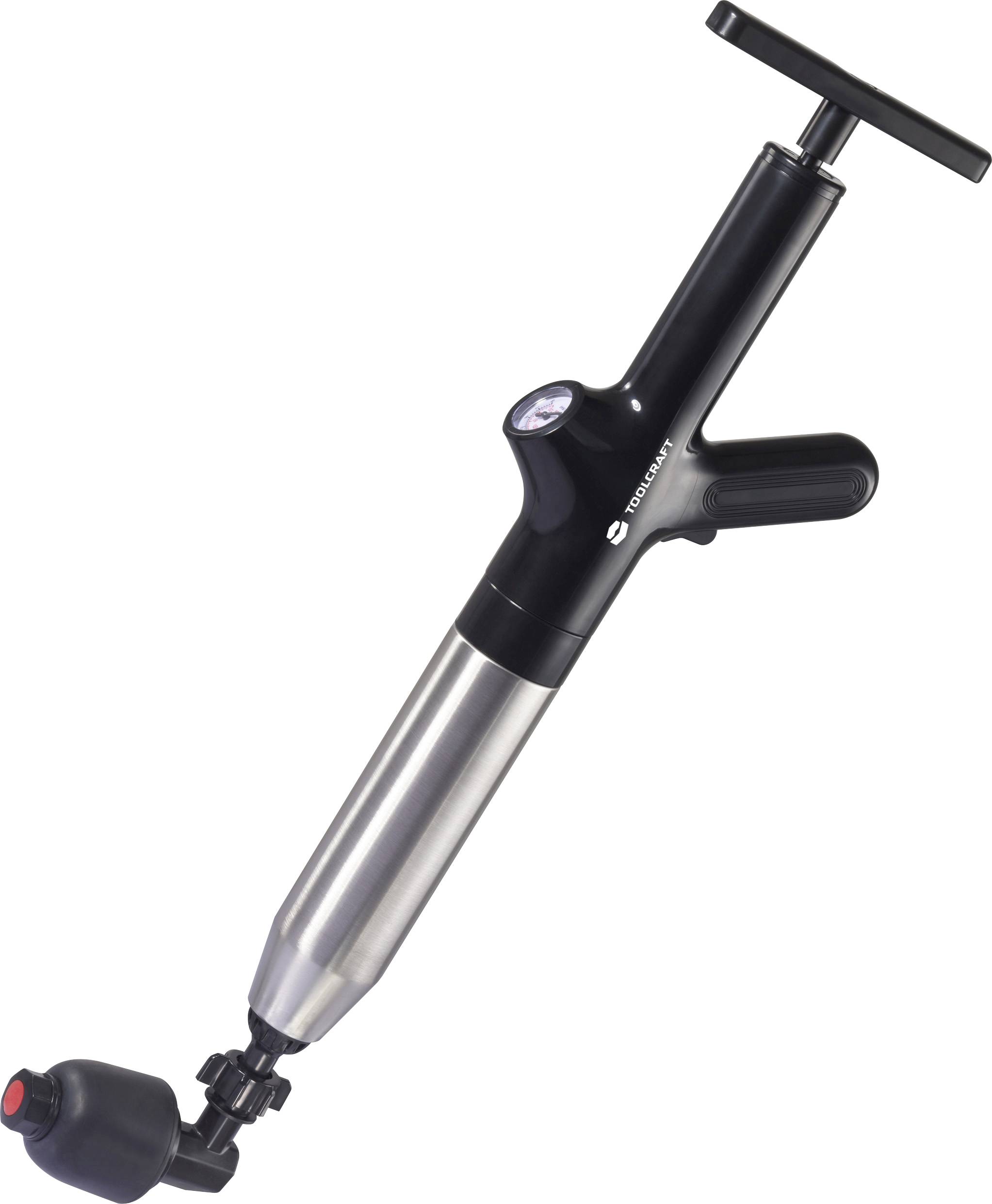 Ein Digitalmanometer, schwarz und silber, mit Pistolengriff und Display zur Druckmessung, vor weißem Hintergrund.