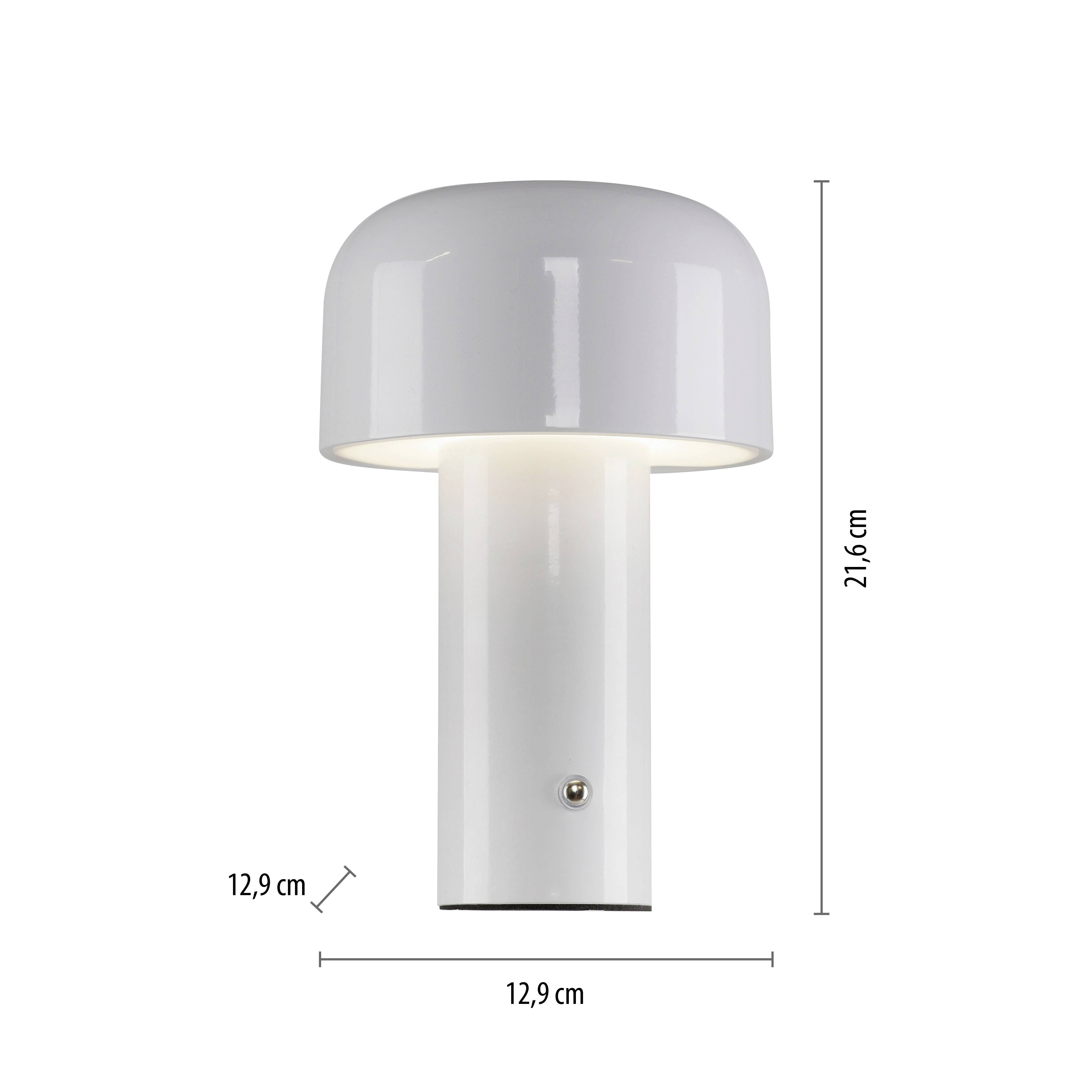 Weiße Tischlampe mit zylindrischem Fuß und abgerundetem Schirm. Höhe: 21,6 cm, Durchmesser: 12,9 cm.