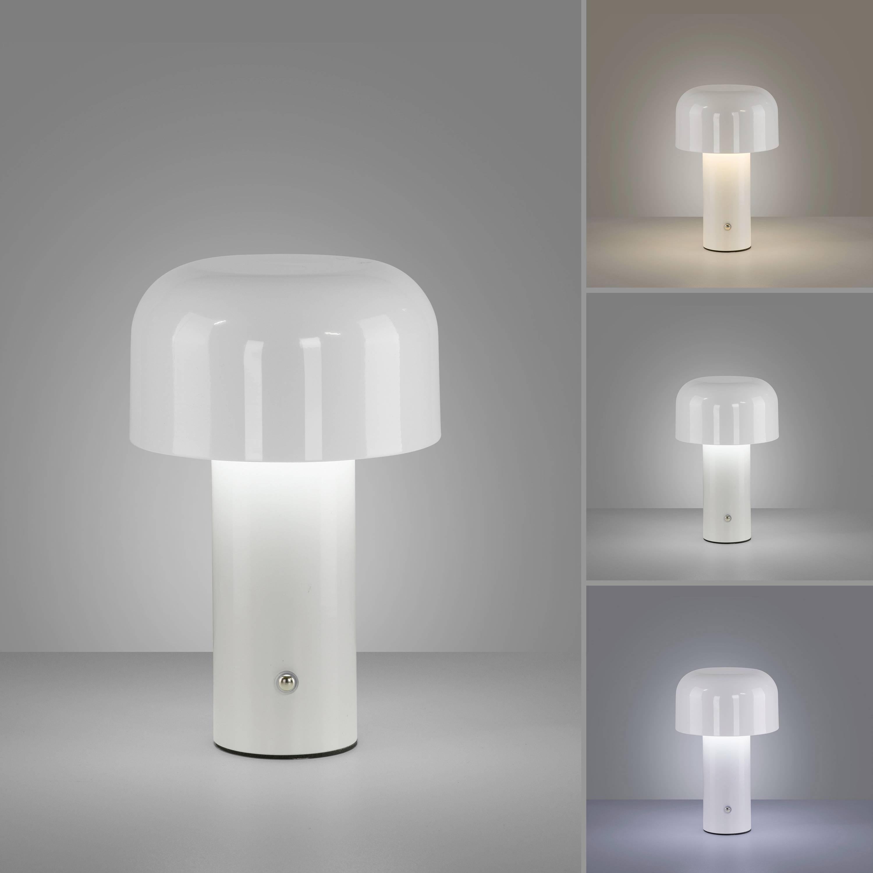 Weiße pilzförmige Tischlampe aus Kunststoff, leuchtet in verschiedenen Lichtstärken. Einzelbild links, drei Variationen rechts.