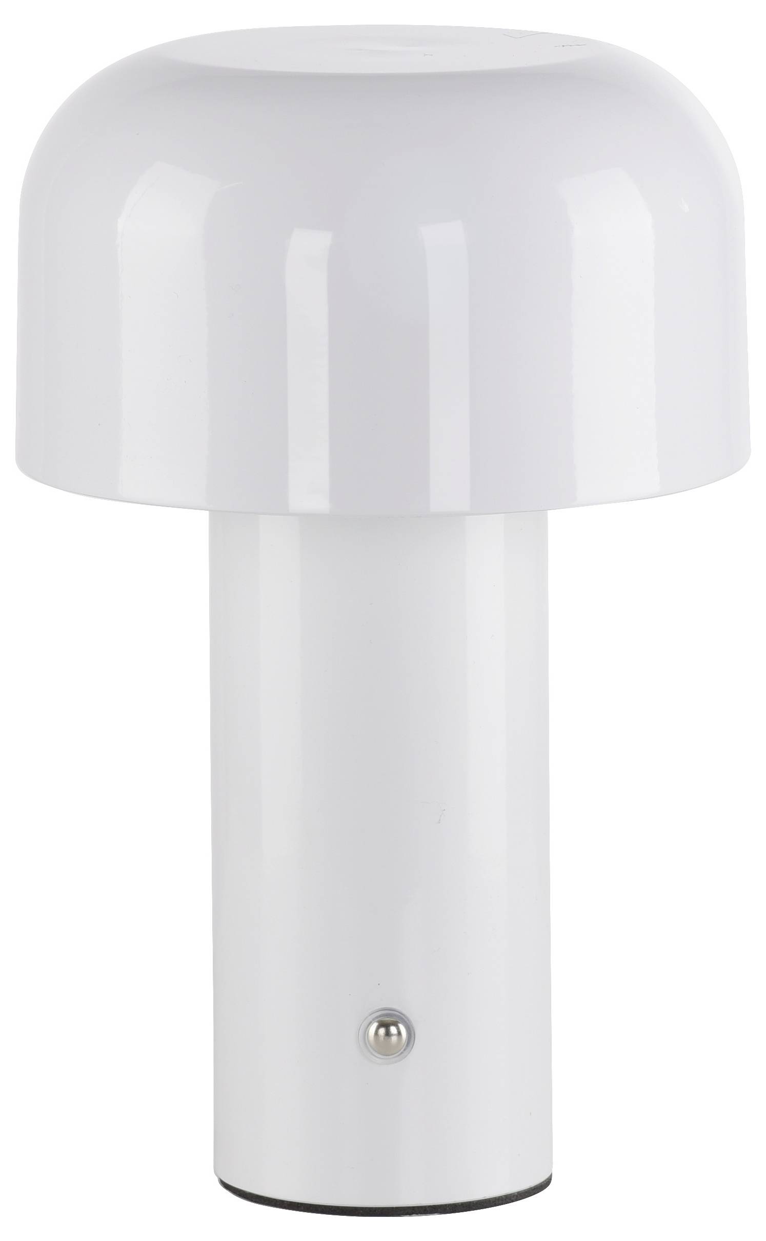 Eine moderne, weiße Tischlampe mit rundem, kuppelförmigem Schirm und zylindrischem Sockel, geeignet für minimalistisches Design.