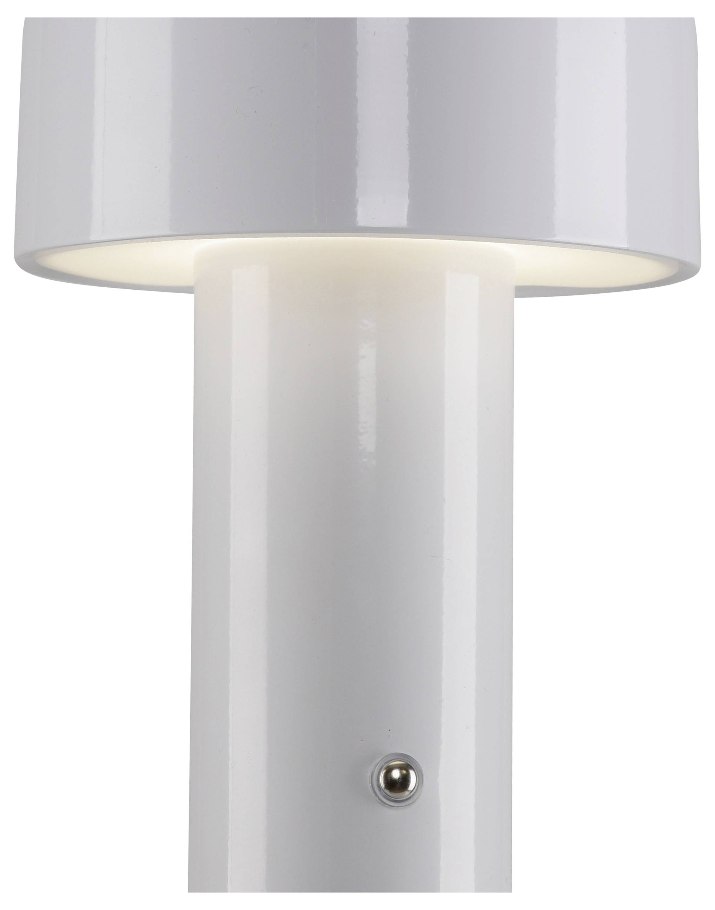 Weiße Tischlampe mit zylindrischem Sockel und rundem Schirm, leuchtet nach unten. Minimalistisches Design, modernes Ambiente.