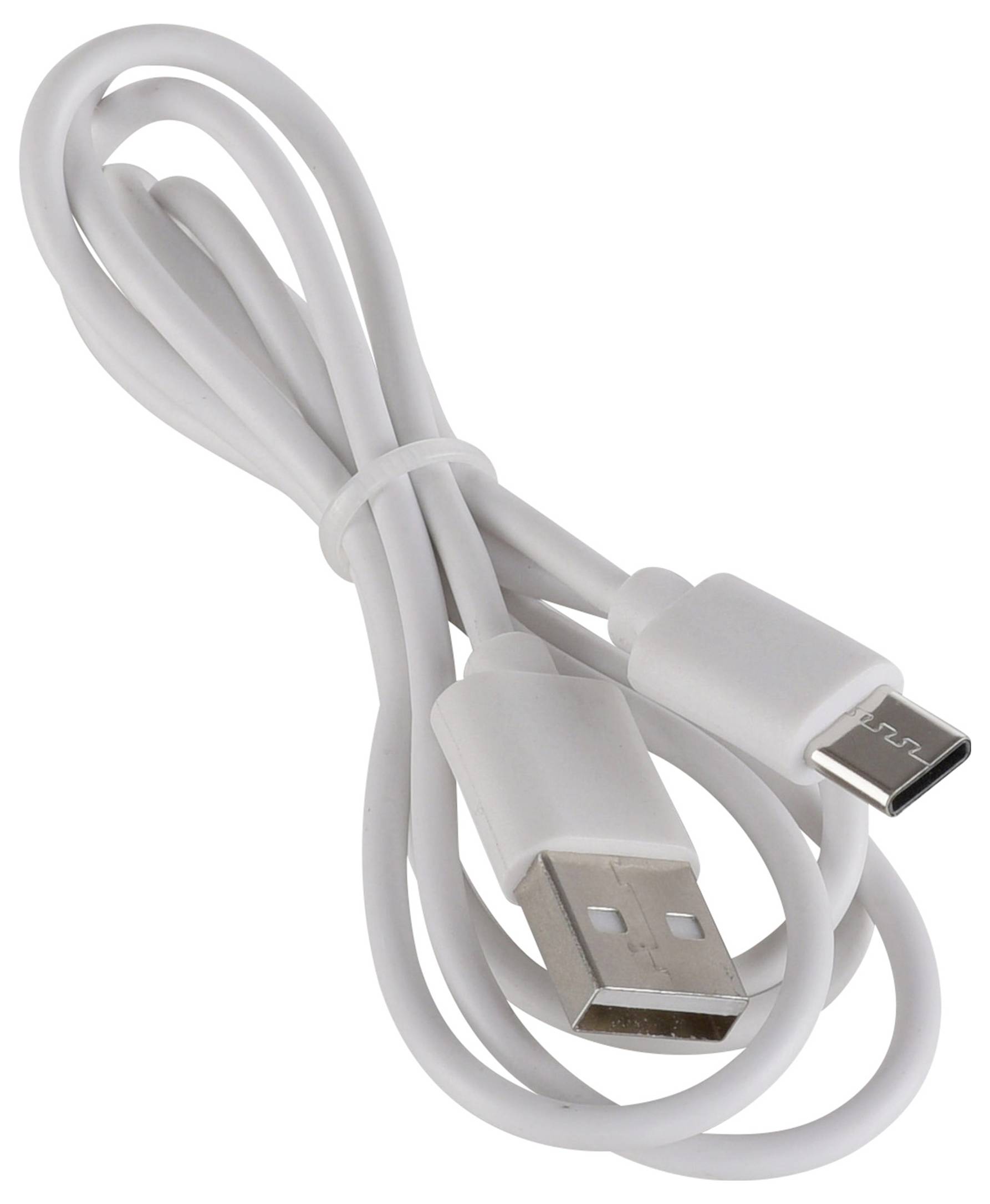 Ein weißes USB-Kabel mit einem Standard-USB-Stecker an einem Ende und einem USB-C-Stecker am anderen Ende.