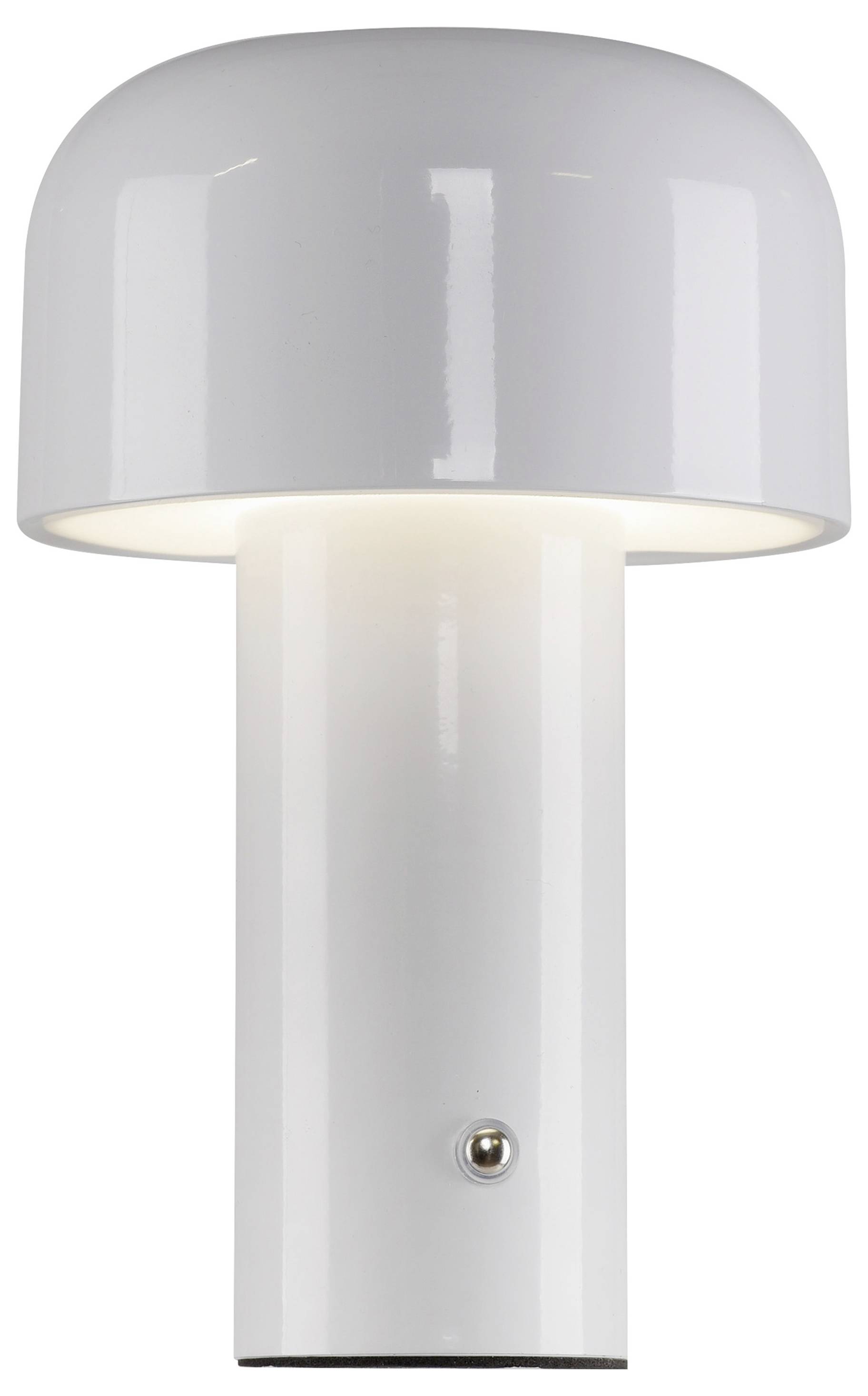 Weiße Tischlampe mit zylindrischem Sockel und abgerundetem Schirm, leuchtet sanft.