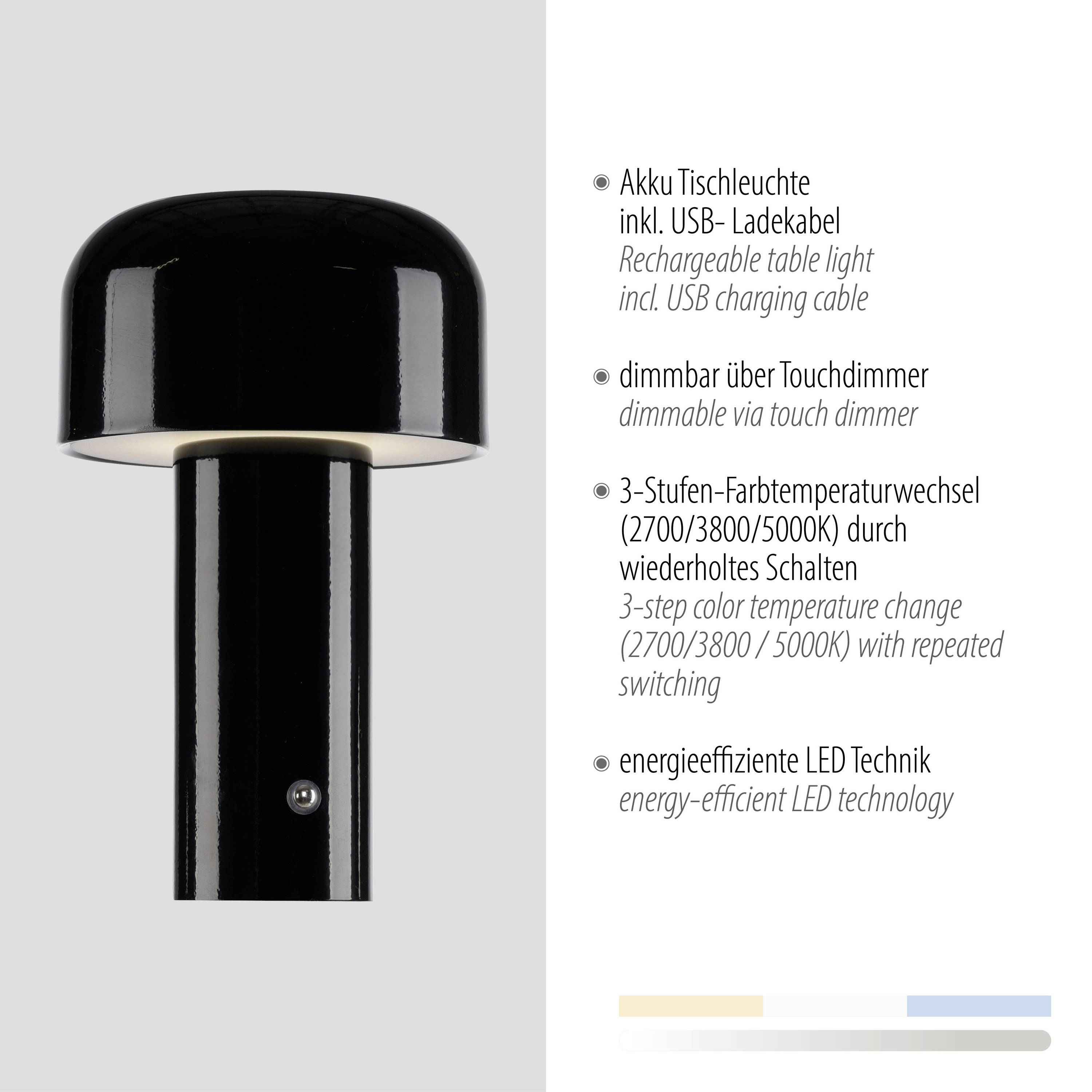 Akku Tischleuchte in Schwarz mit USB-Ladekabel, dimmbar über Touchdimmer. 3-Stufen-Farbtemperaturwechsel und energieeffiziente LED-Technik.