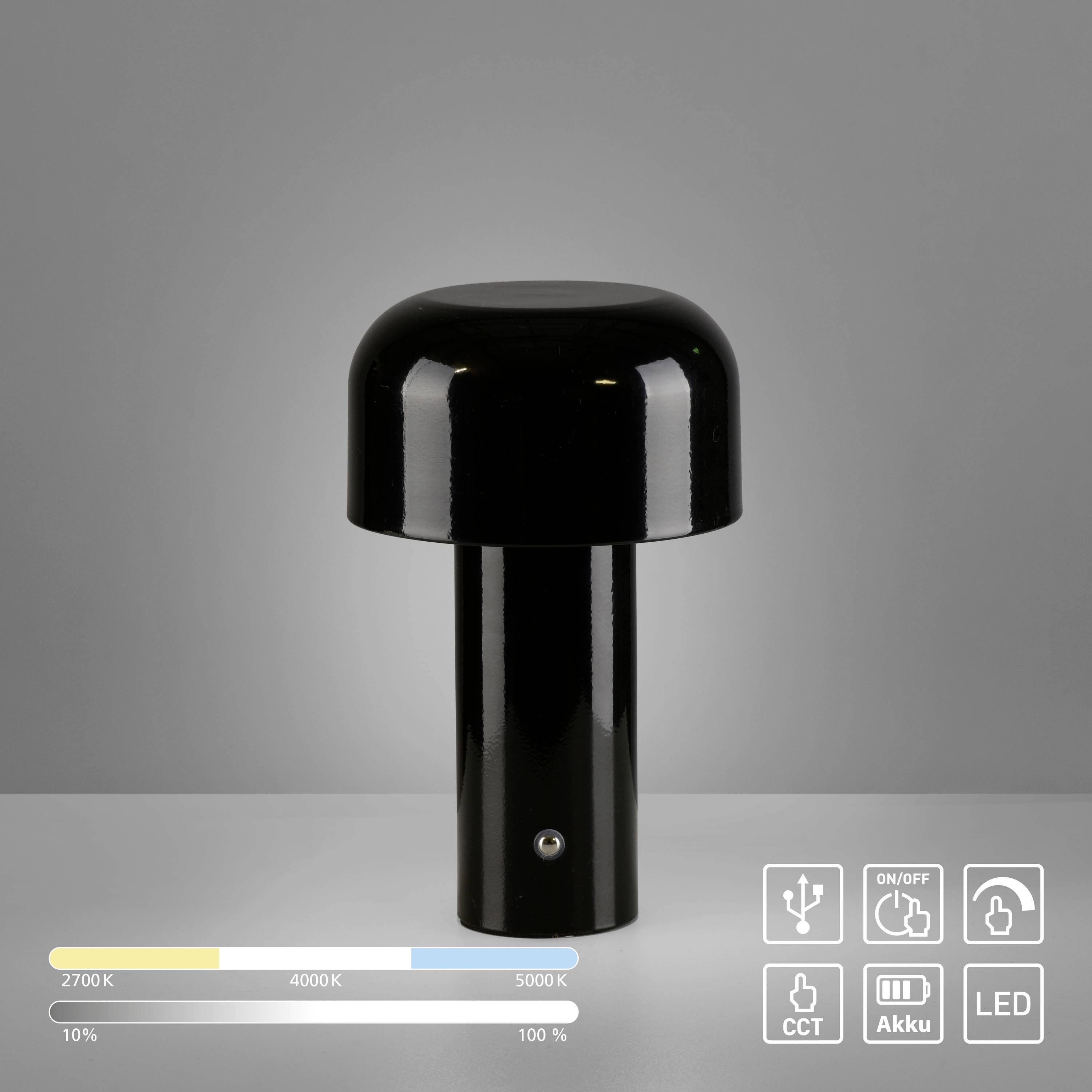 Eine Hand nähert sich einem schwarzen Touchdimmer, bereit zur Berührung. Unterhalb der Hand steht 'Touchdimmer'.