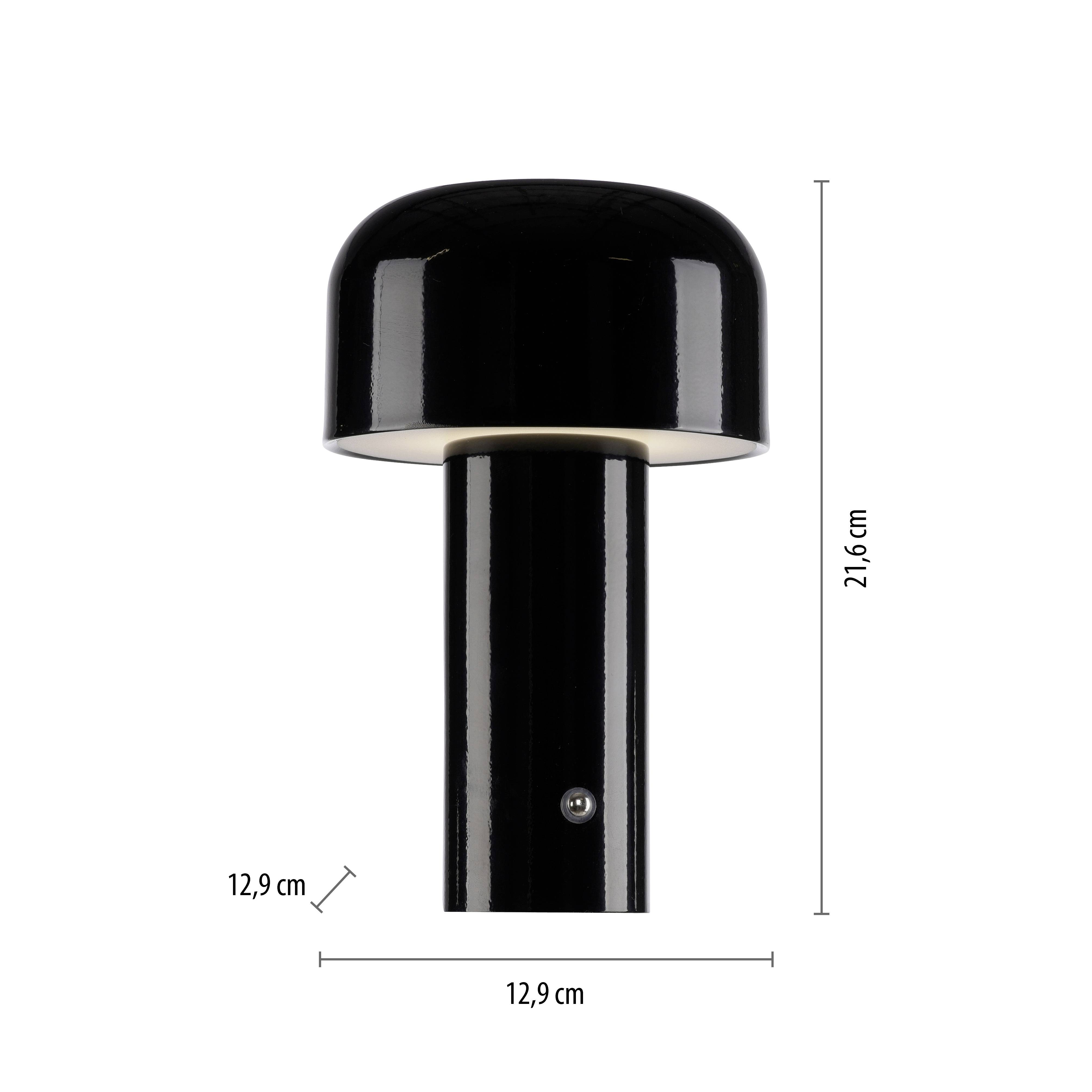 Eine schwarze zylinderförmige Tischlampe mit einem runden Schirm, 21,6 cm hoch, 12,9 cm im Durchmesser.