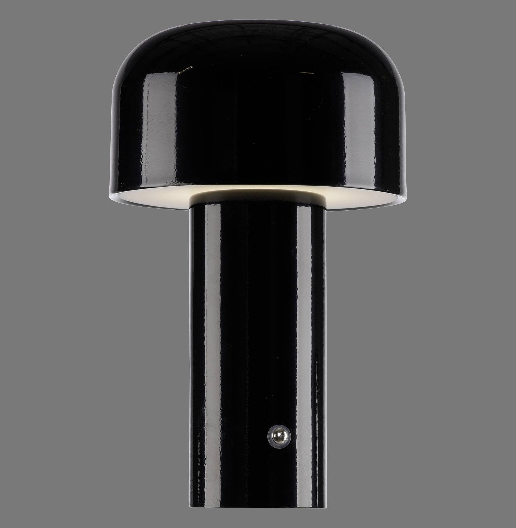 Eine schwarze, zylinderförmige Lampe mit einem runden, gewölbten Schirm auf grauem Hintergrund.