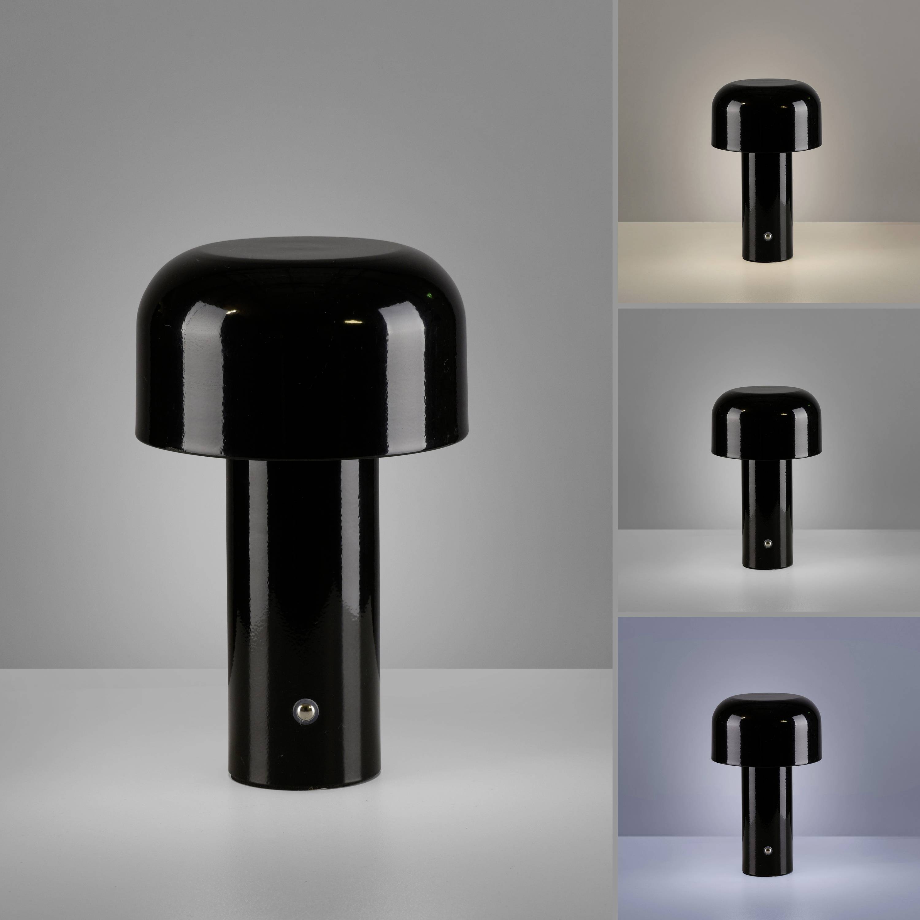 Schwarze Tischlampe im Zentrum, leuchtet in drei Farbvarianten: warmes Gelb, klares Weiß, kühles Blau. Modernes Design.