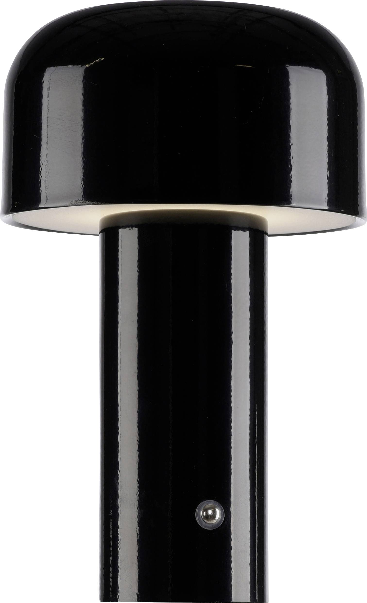 Schwarze Tischleuchte mit zylindrischem Sockel und halbrundem Lampenschirm, modernes minimalistisches Design.