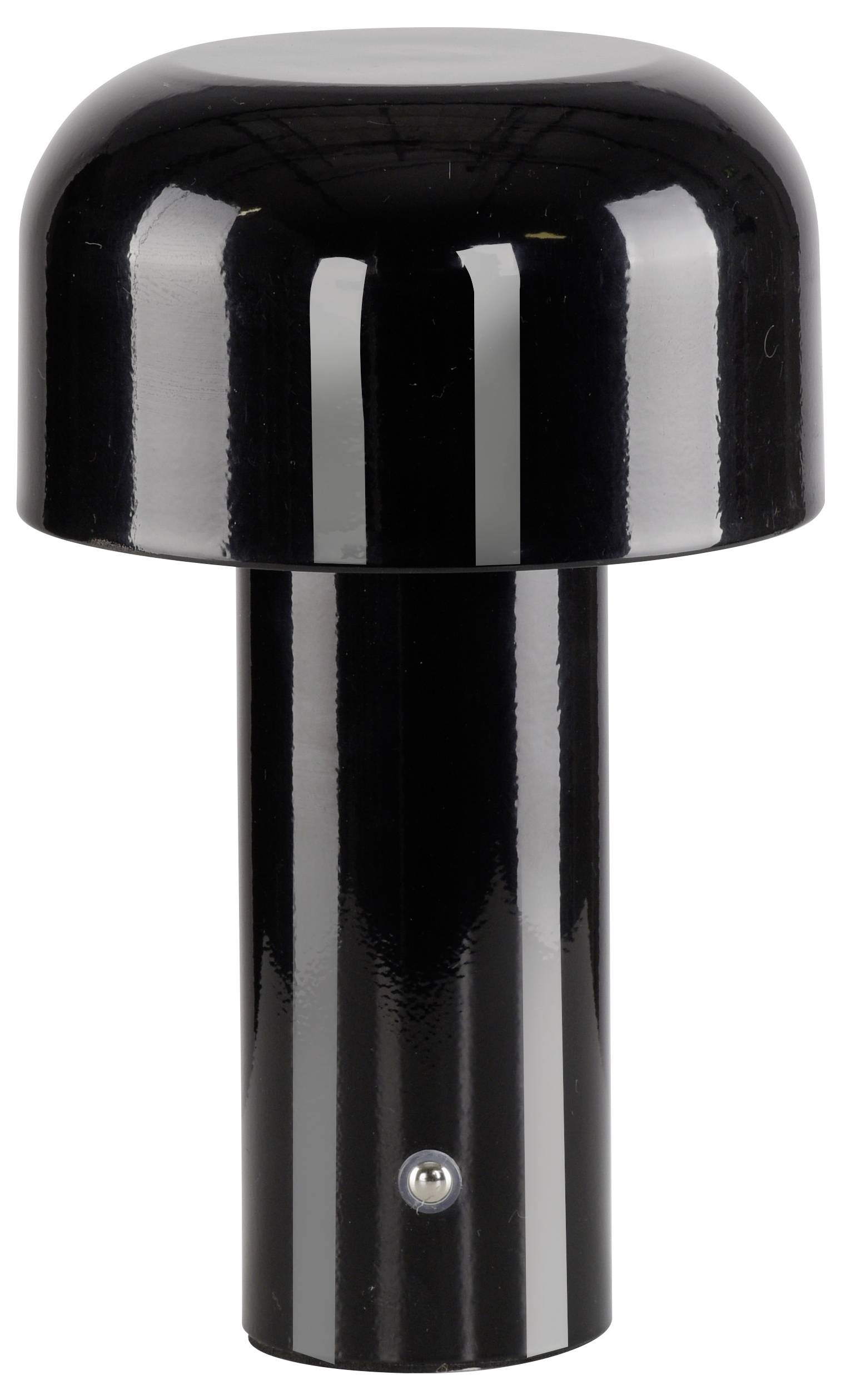 Schwarze zylinderförmige Lampe mit glänzender Oberfläche. Die Lampe steht aufrecht auf einem Tisch, ohne weitere Dekoration.