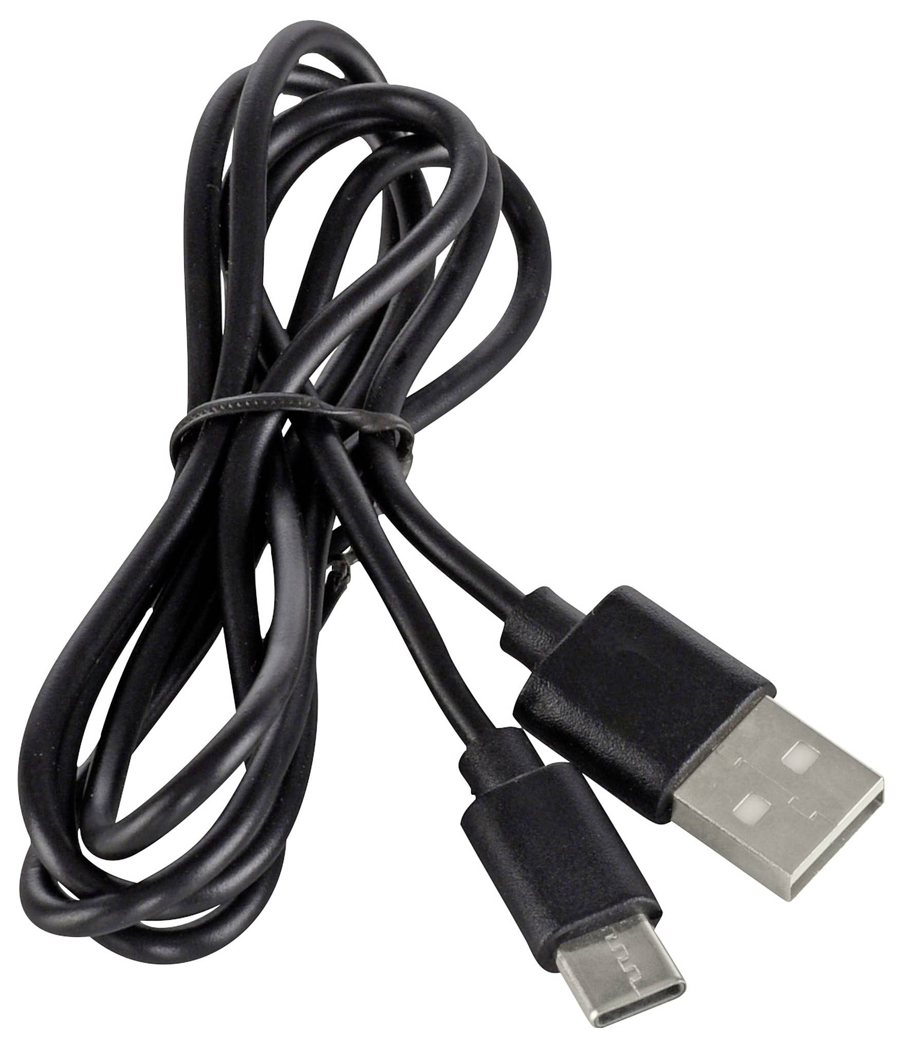 Ein schwarzes USB-Kabel mit Standard-USB-Anschluss und Micro-USB-Anschluss an den Enden, zusammengebunden in der Mitte.