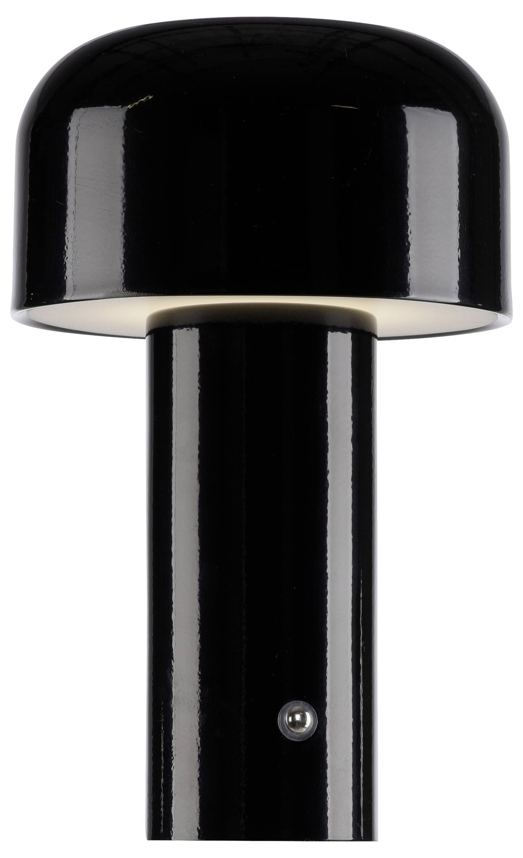 Schwarze Tischlampe mit zylindrischem Standfuß und rundem, gewölbtem Lampenschirm; modernes, minimalistisches Design.