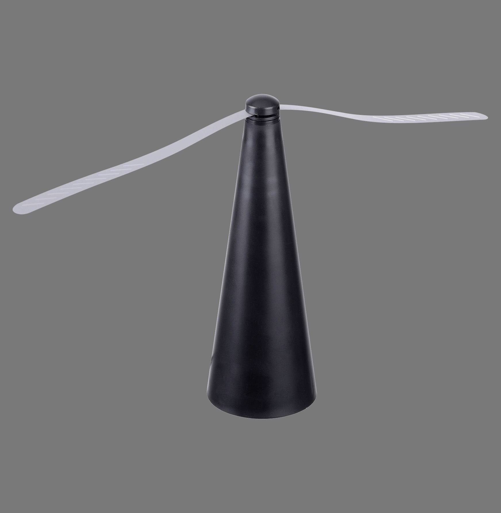 Ein schwarzer Kegel mit zwei horizontalen weißen Flügeln auf grauem Hintergrund.