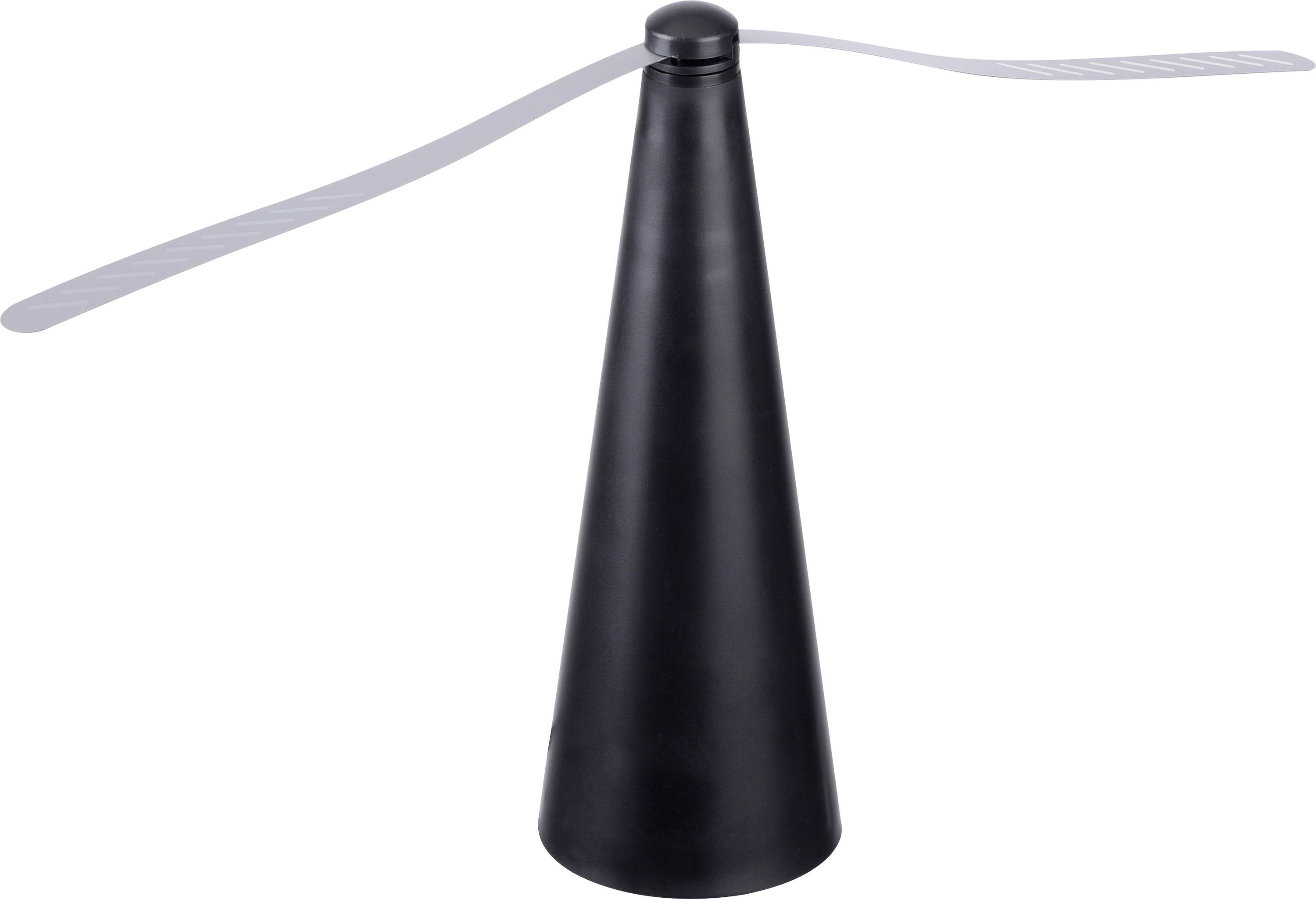 Schwarzer Kegel mit rotierenden Flügeln oben; Gerät zur Abwehr von Fliegen auf Tischen.