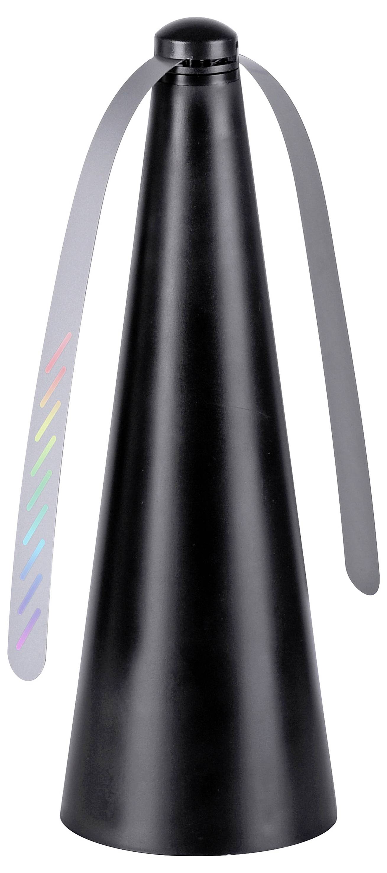 Ein schwarzer, konischer Stabventilator mit zwei langen, schmalen grauen Flügeln und bunten Markierungen entlang des Schaftes.